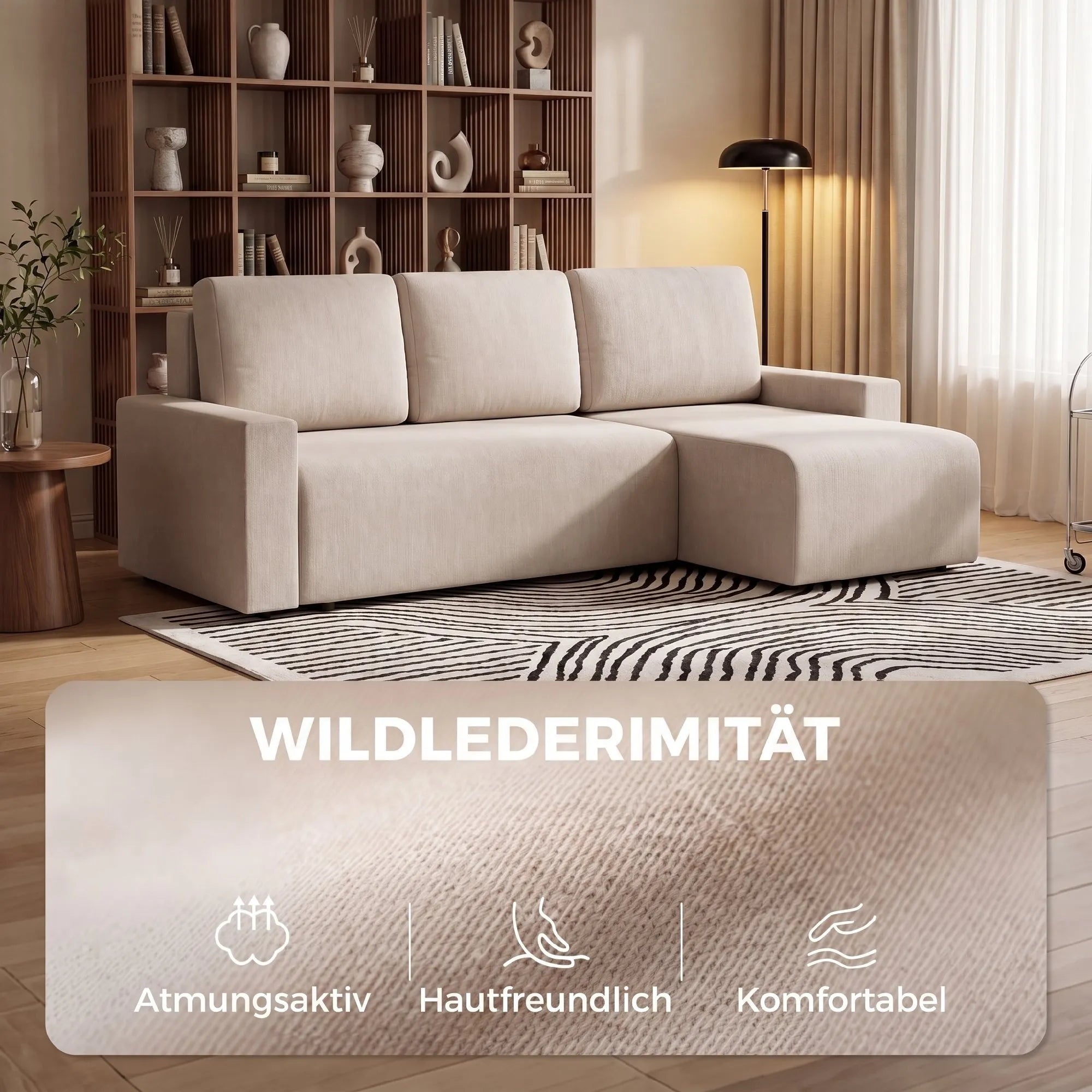 Kampinė sofa-lova su miegama funkcija, L formos, smėlio spalvos