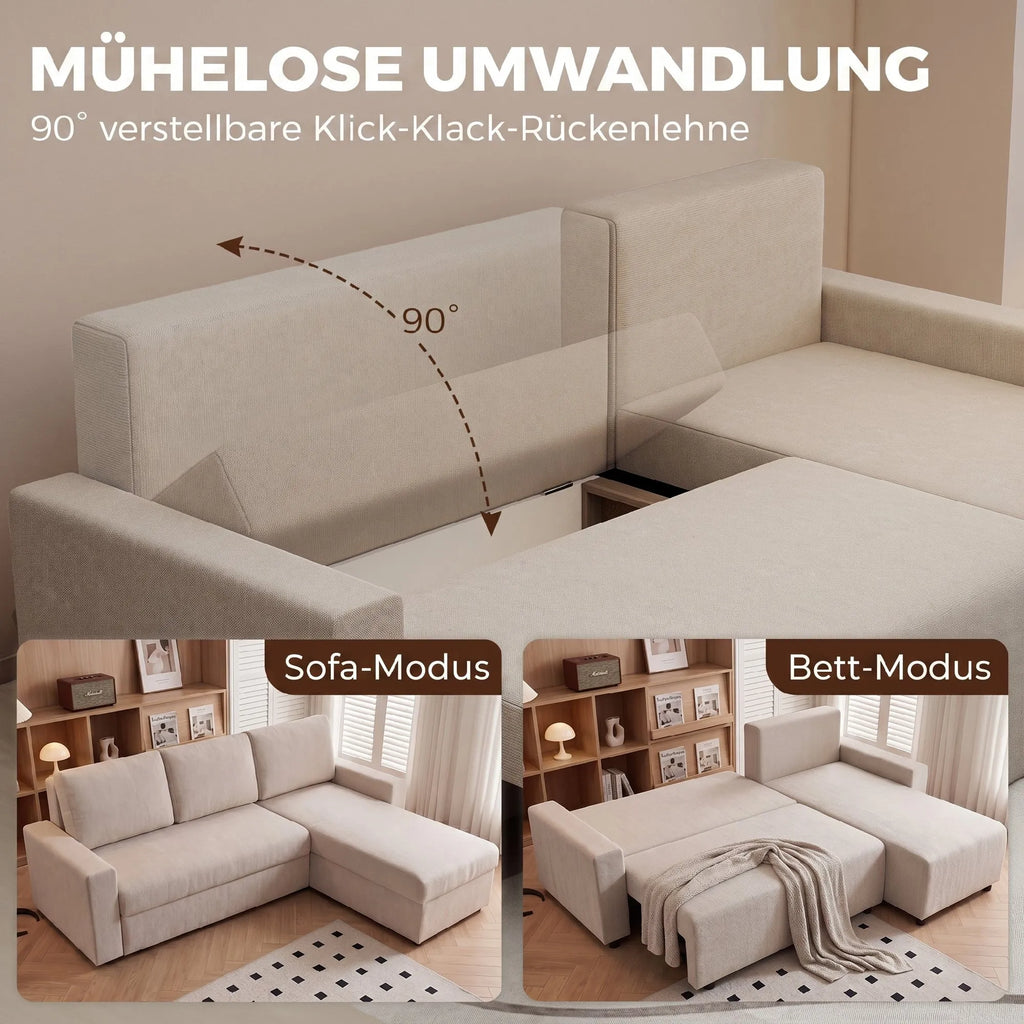 Kampinė sofa-lova su miegama funkcija, L formos, smėlio spalvos