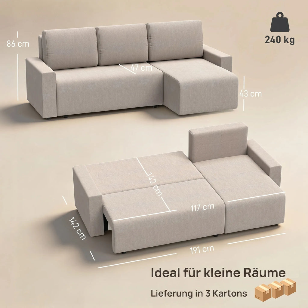 Kampinė sofa-lova su miegama funkcija, L formos, smėlio spalvos