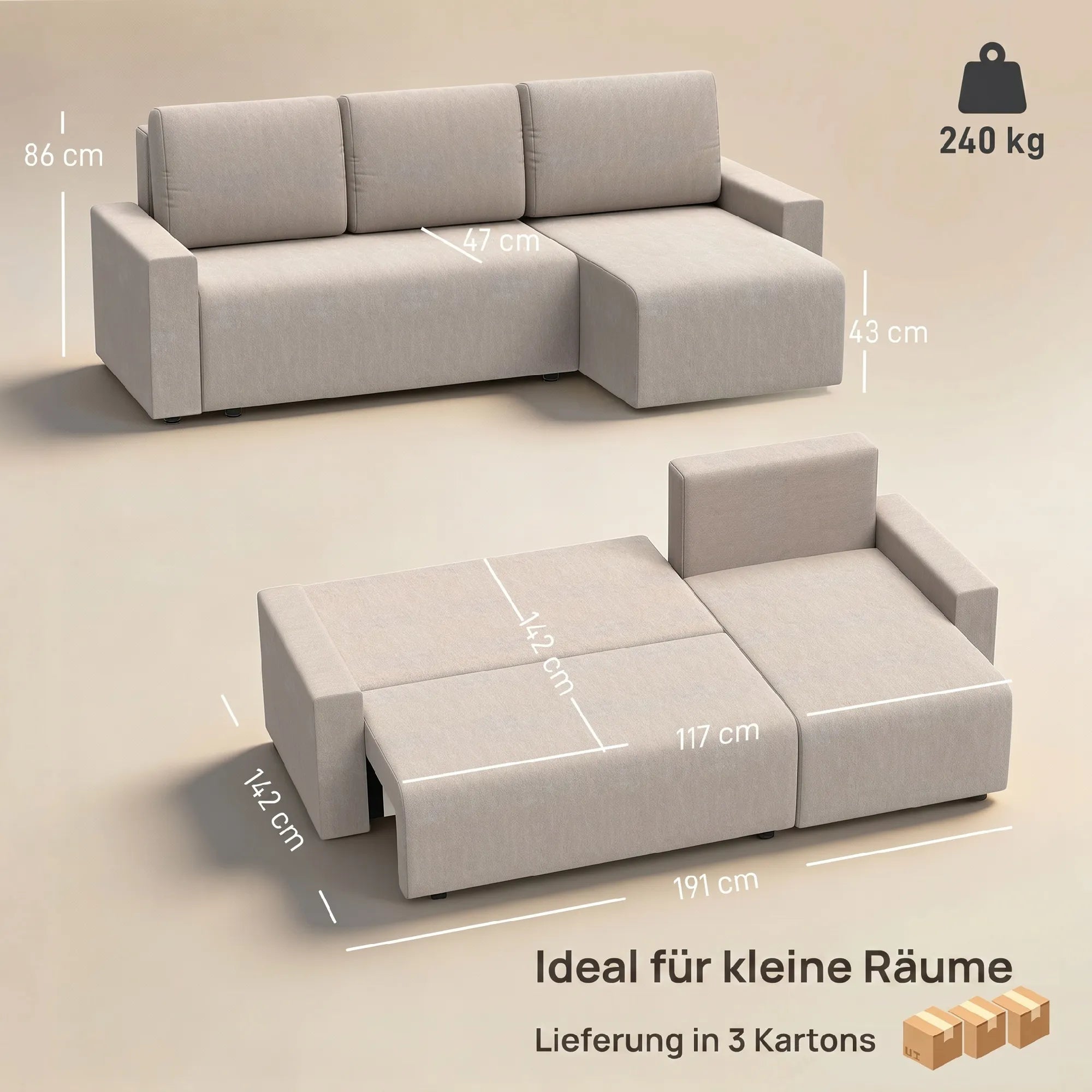 Kampinė sofa-lova su miegama funkcija, L formos, smėlio spalvos