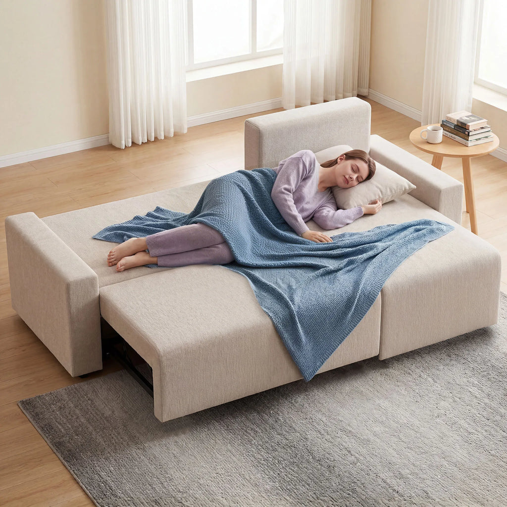 Kampinė sofa-lova su miegama funkcija, L formos, smėlio spalvos