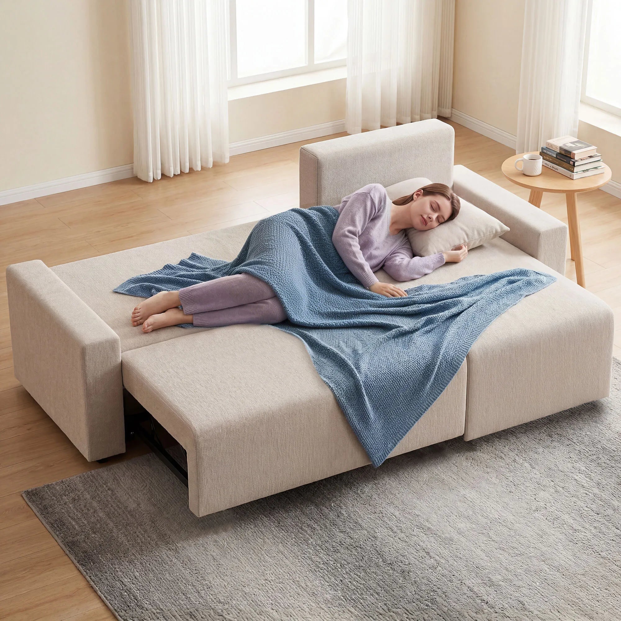 Kampinė sofa-lova su miegama funkcija, L formos, smėlio spalvos