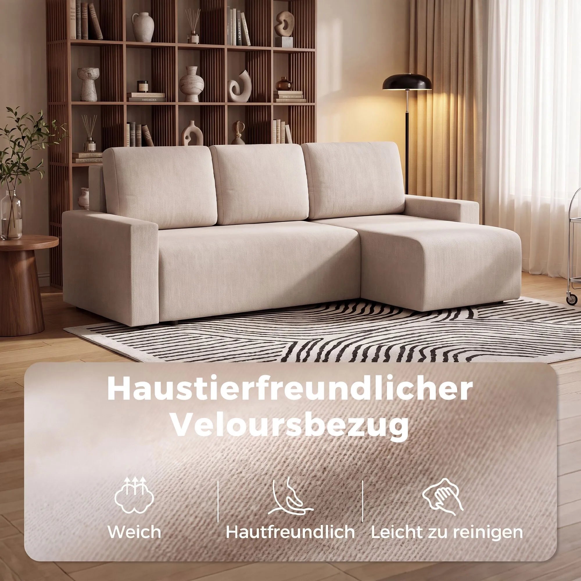 Kampinė sofa-lova su miegama funkcija, L formos, smėlio spalvos
