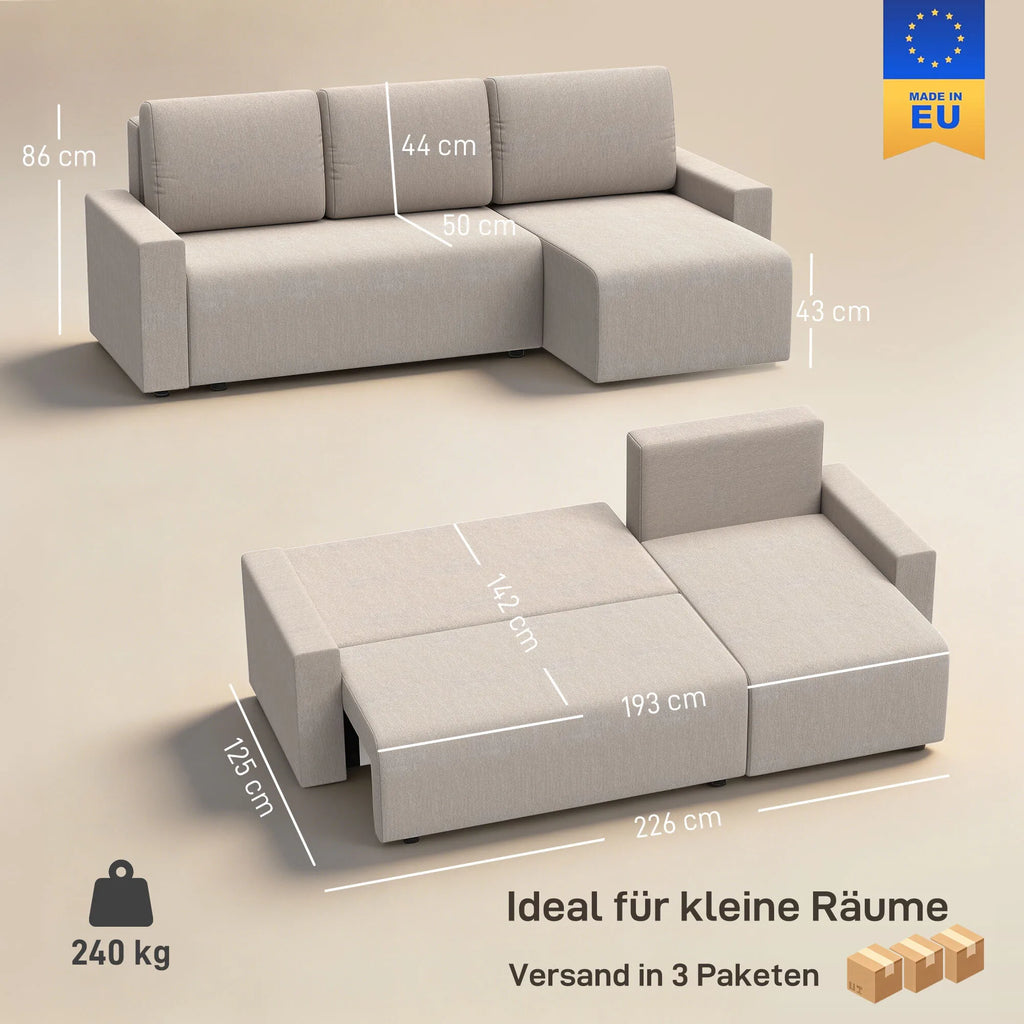 Kampinė sofa-lova su miegama funkcija, L formos, smėlio spalvos