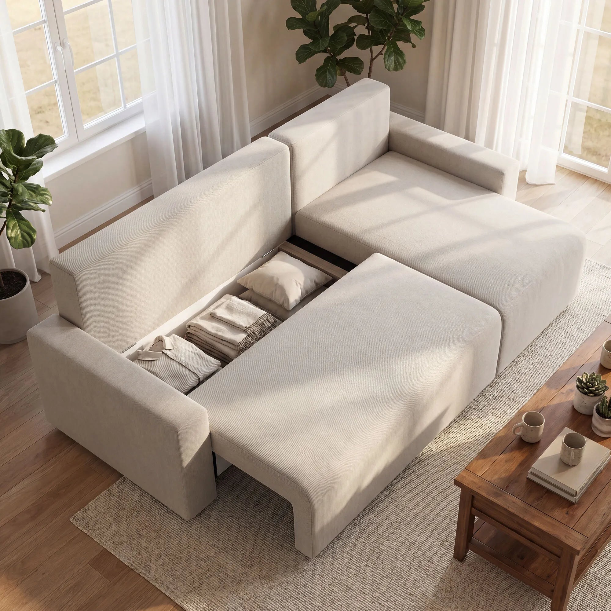 Kampinė sofa-lova su miegama funkcija, L formos, smėlio spalvos