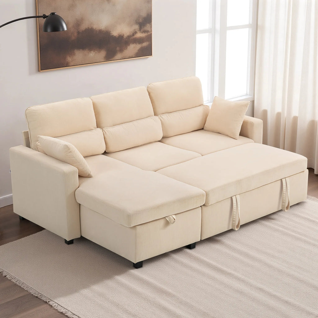 Kampinė sofa-lova su miegojimo funkcija ir daiktadėže, smėlio spalvos