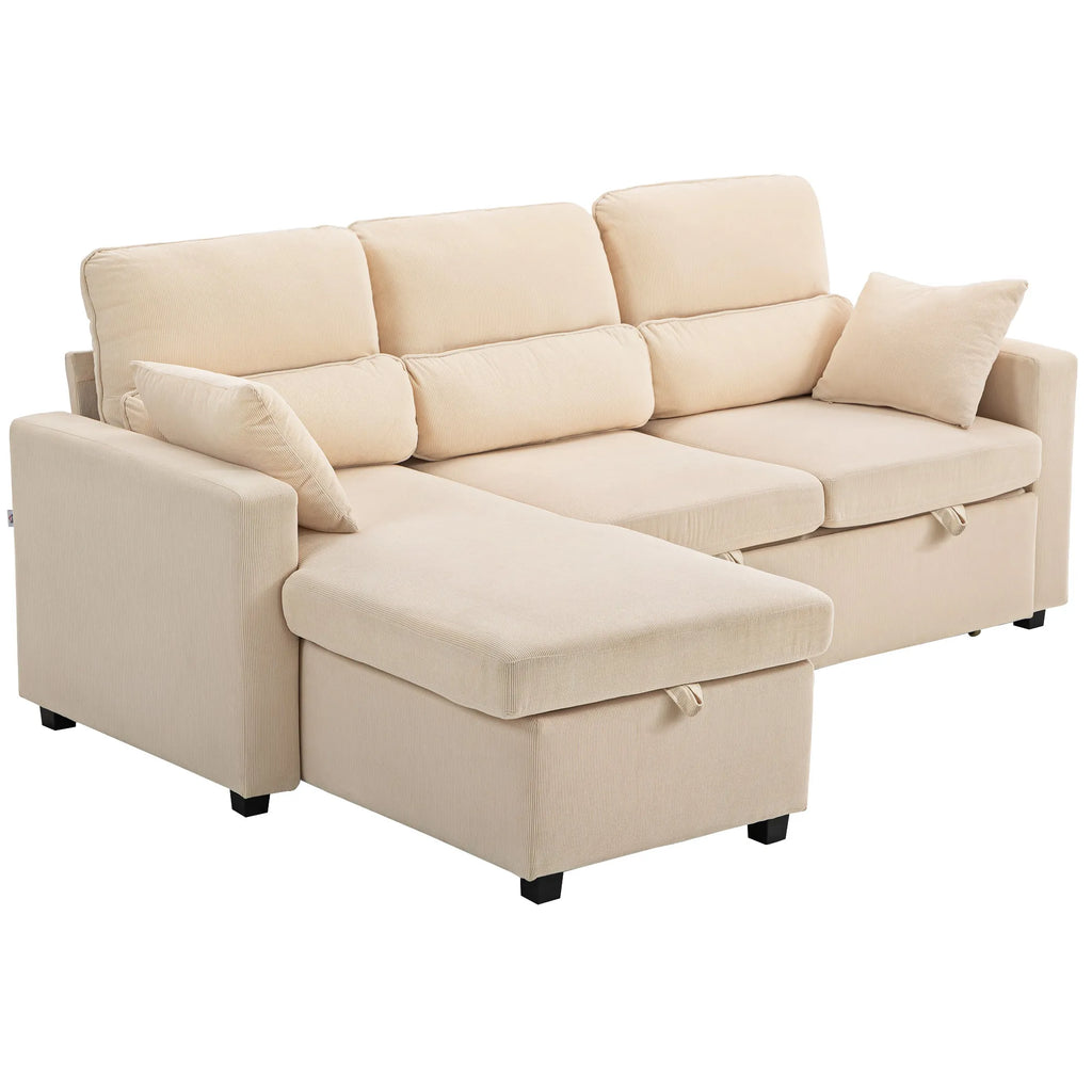 Kampinė sofa-lova su miegojimo funkcija ir daiktadėže, smėlio spalvos