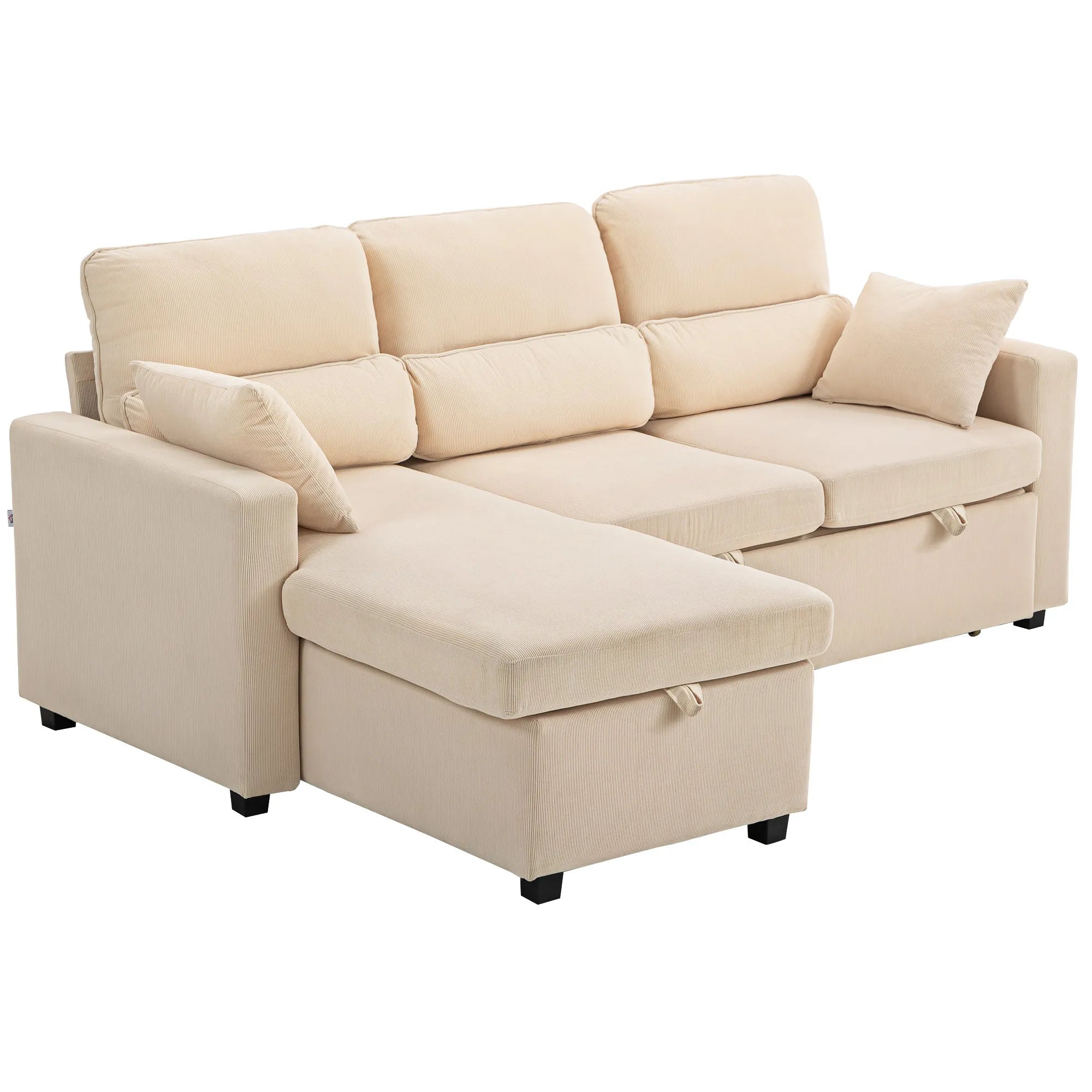 Kampinė sofa-lova su miegojimo funkcija ir daiktadėže, smėlio spalvos