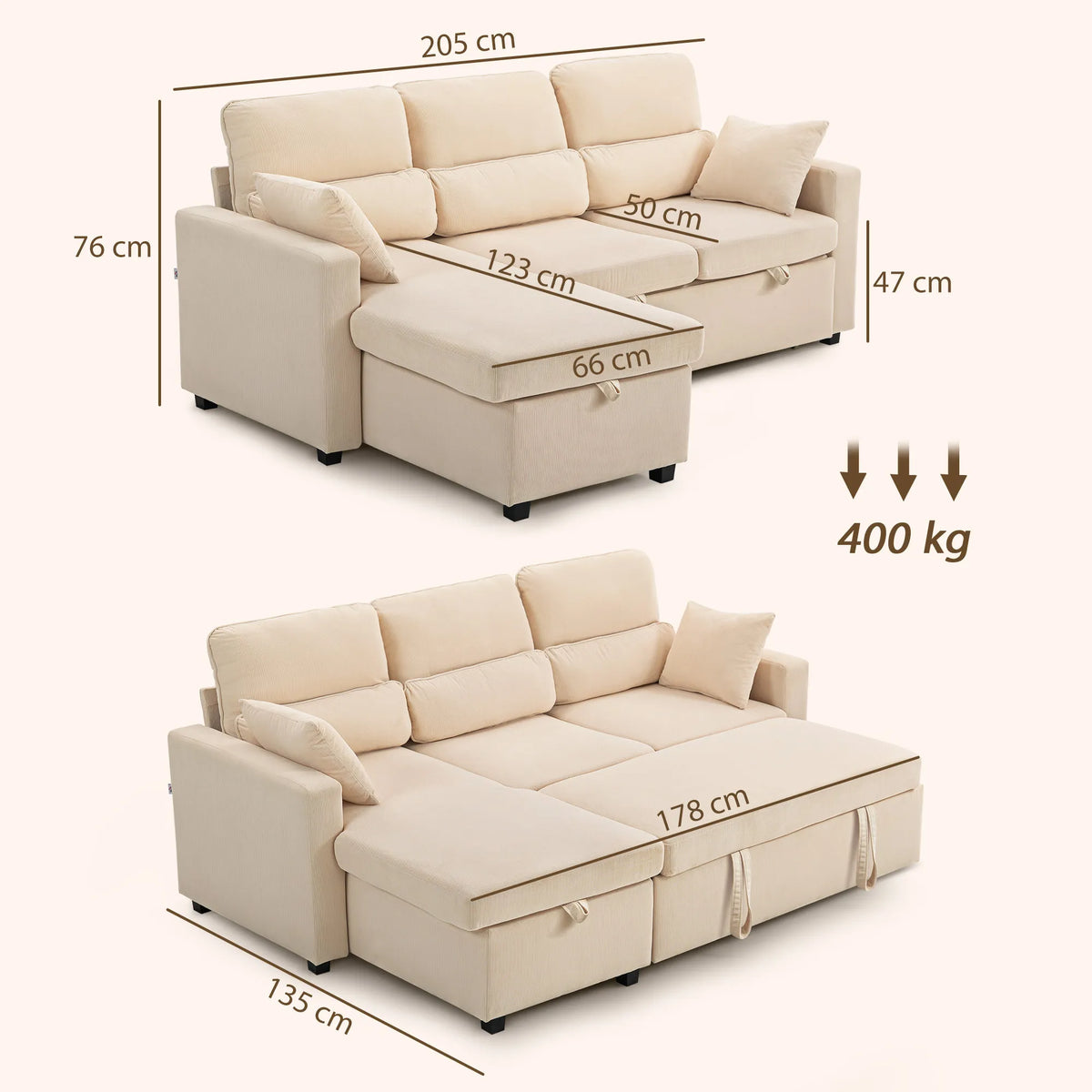 Kampinė sofa-lova su miegojimo funkcija ir daiktadėže, smėlio spalvos
