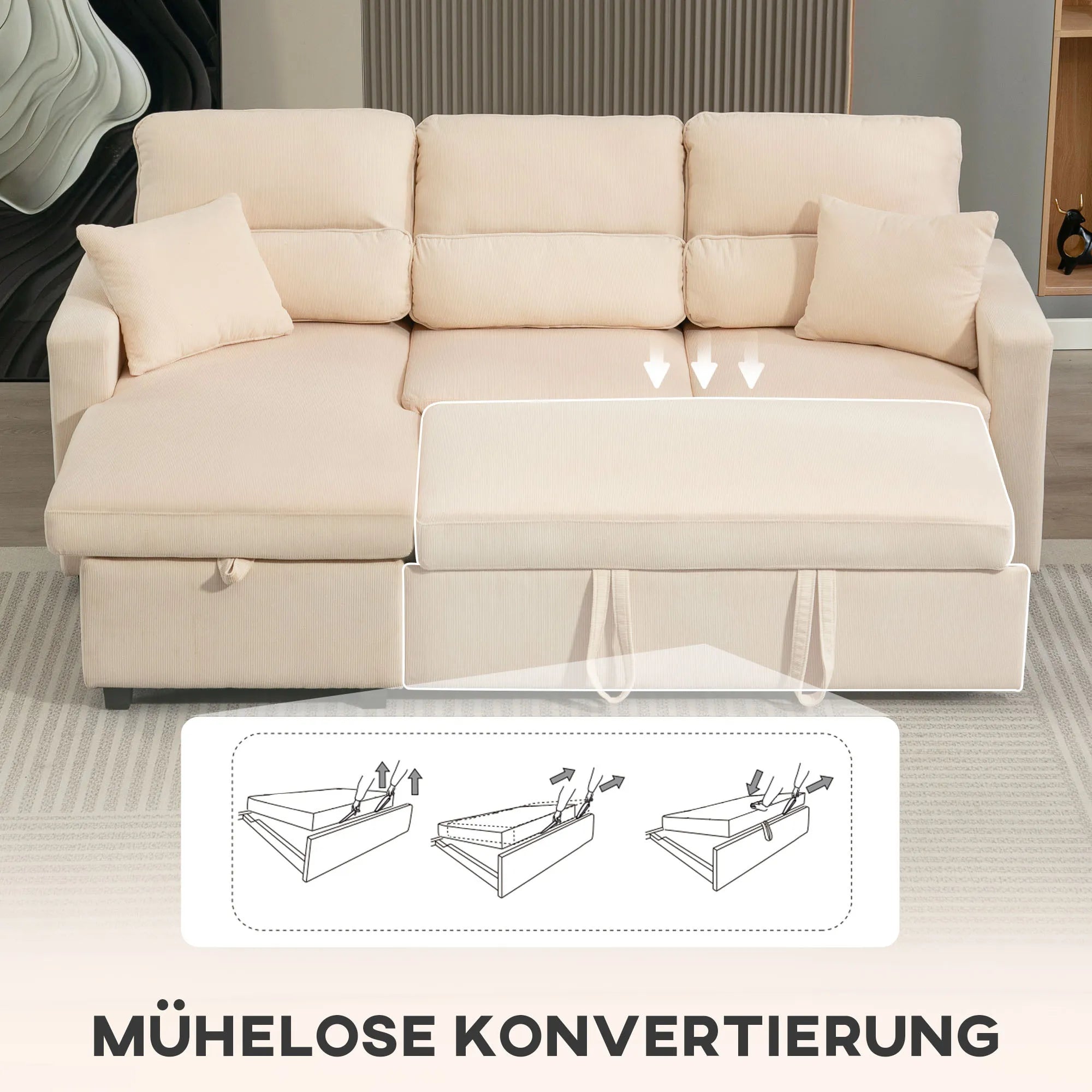 Kampinė sofa-lova su miegojimo funkcija ir daiktadėže, smėlio spalvos