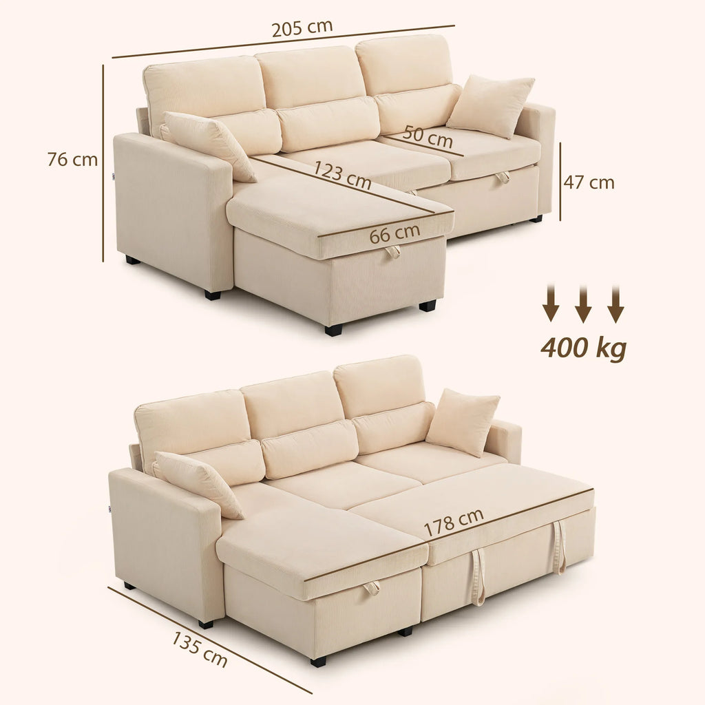 Kampinė sofa-lova su miegojimo funkcija ir daiktadėže, smėlio spalvos