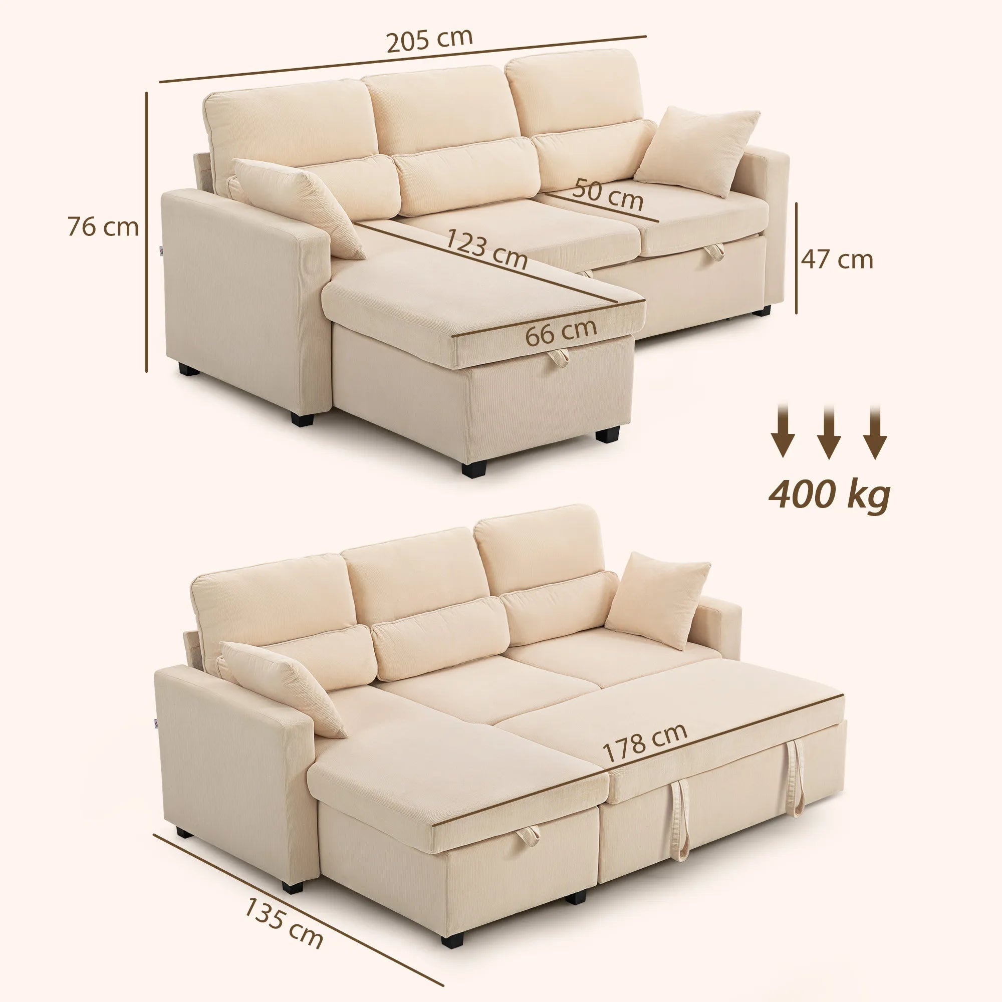 Kampinė sofa-lova su miegojimo funkcija ir daiktadėže, smėlio spalvos