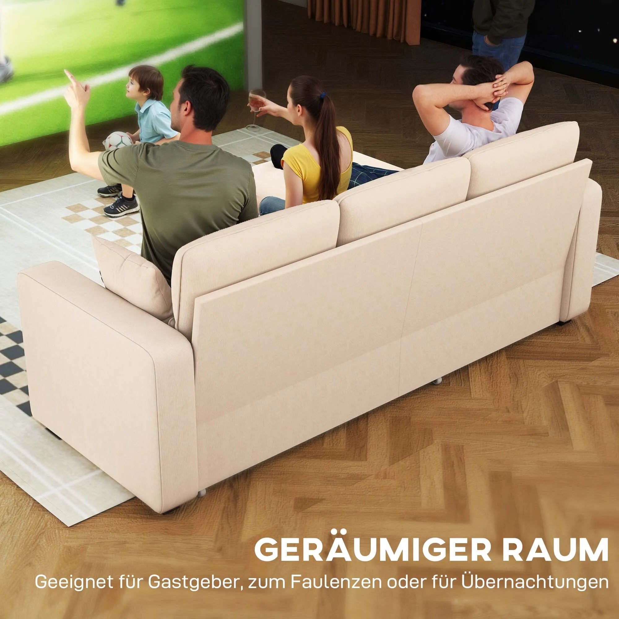 Kampinė sofa-lova su miegojimo funkcija ir daiktadėže, smėlio spalvos