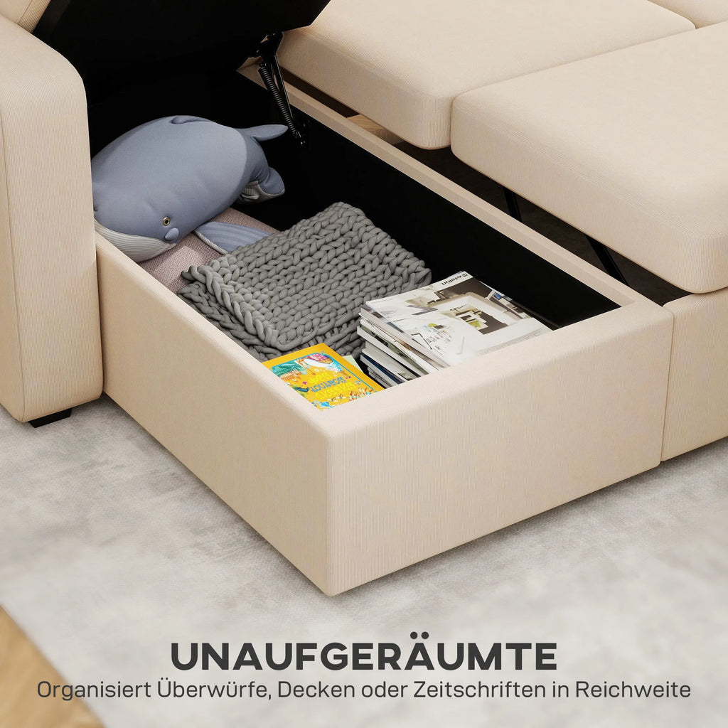 Kampinė sofa-lova su miegojimo funkcija ir daiktadėže, smėlio spalvos