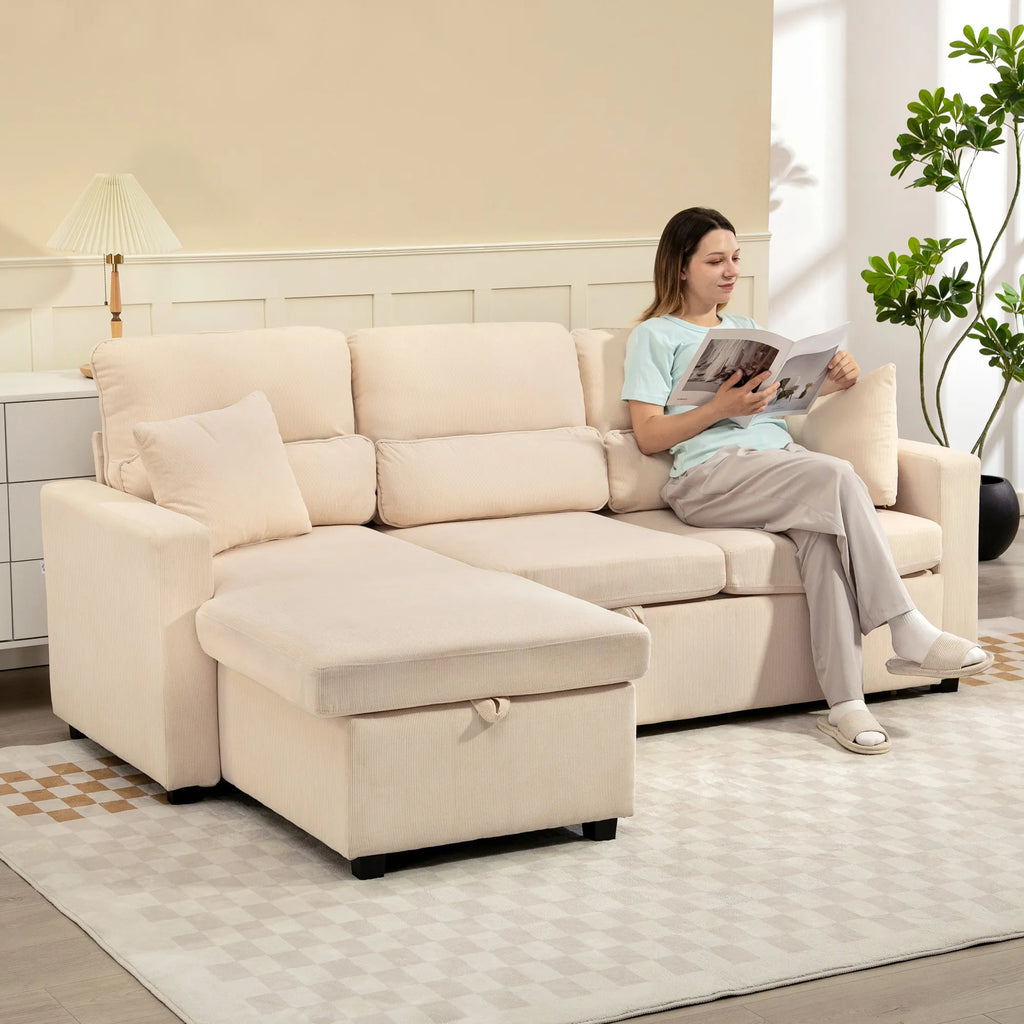 Kampinė sofa-lova su miegojimo funkcija ir daiktadėže, smėlio spalvos