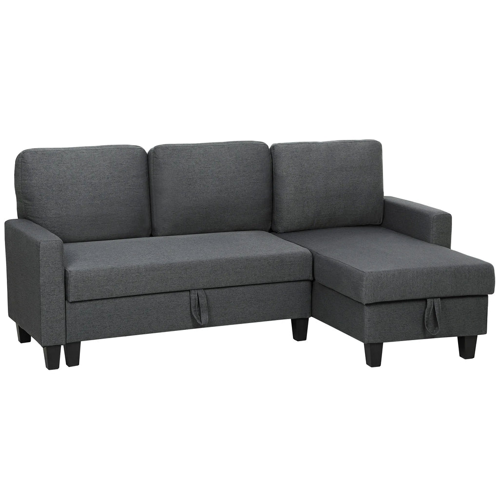 Tamsiai pilka kampinė sofa su patalynės dėže ir minkštomis pagalvėmis
