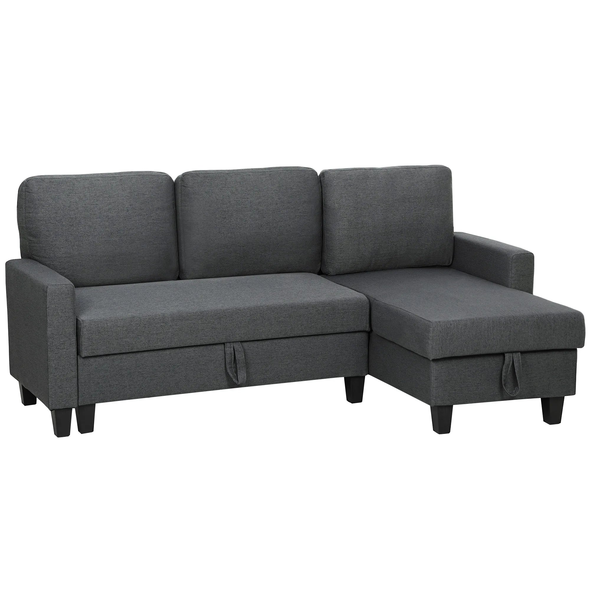 Tamsiai pilka kampinė sofa su patalynės dėže ir minkštomis pagalvėmis