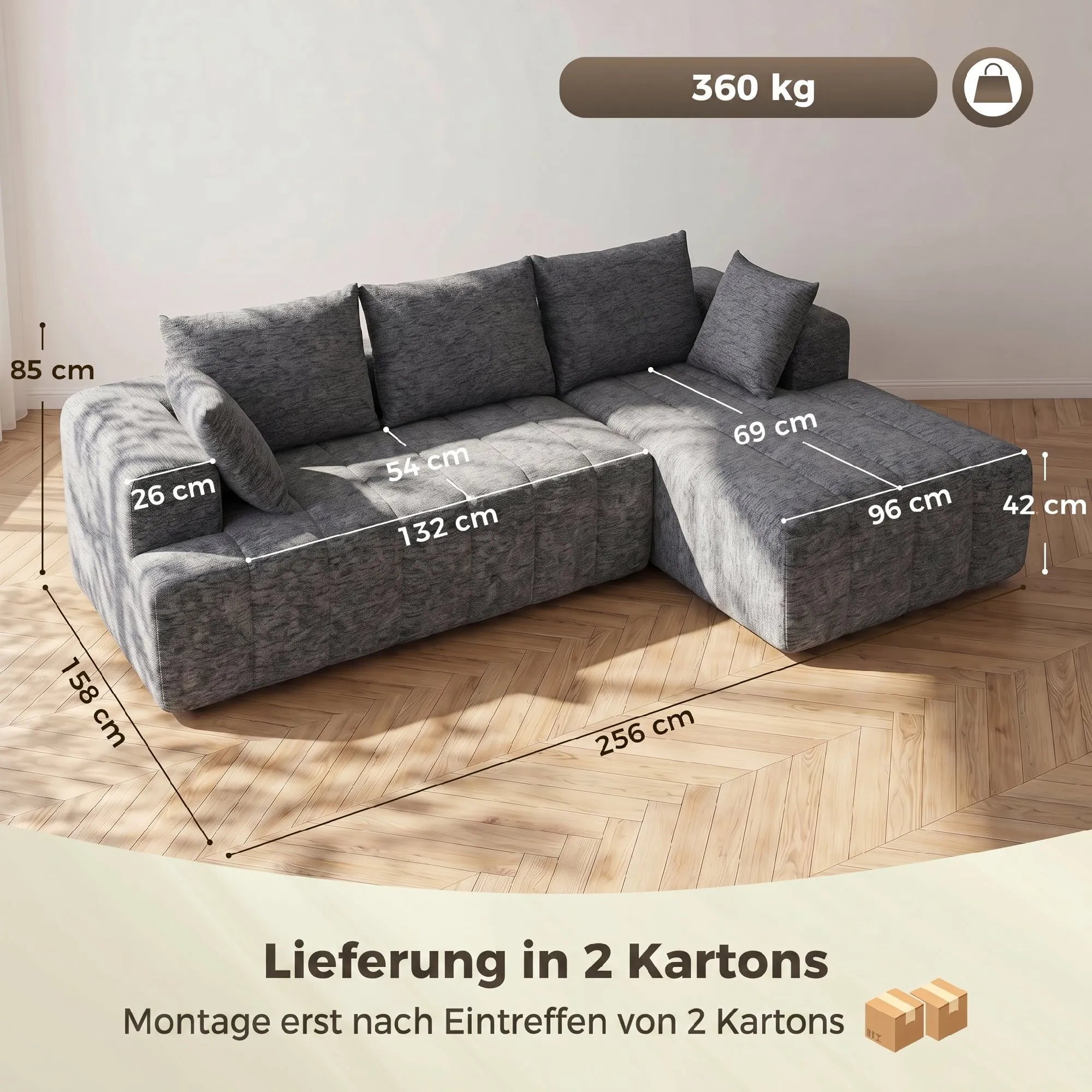 Kampinė sofa-lova su šezlongu, 3 vietų, pilka