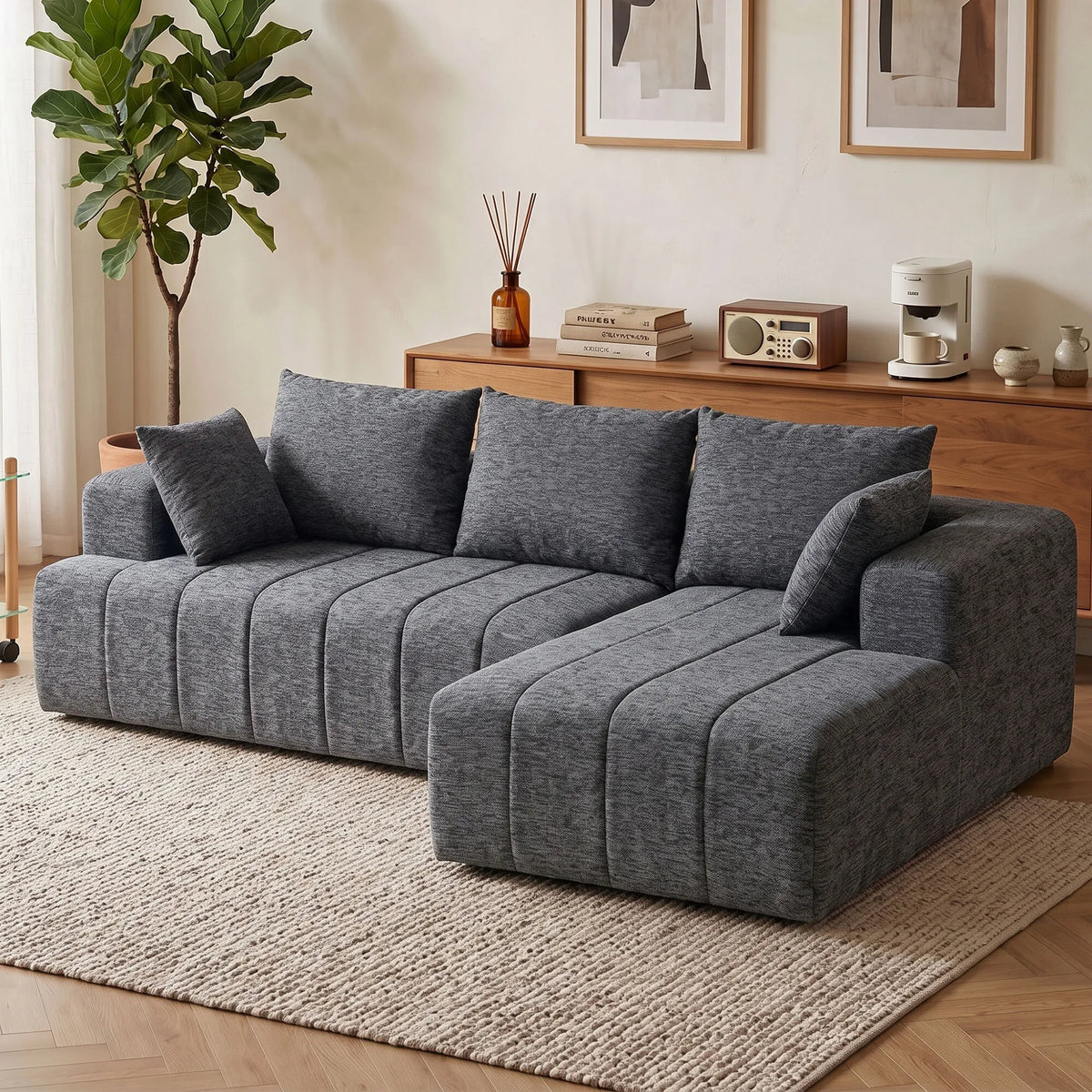 Kampinė sofa-lova su šezlongu, 3 vietų, pilka
