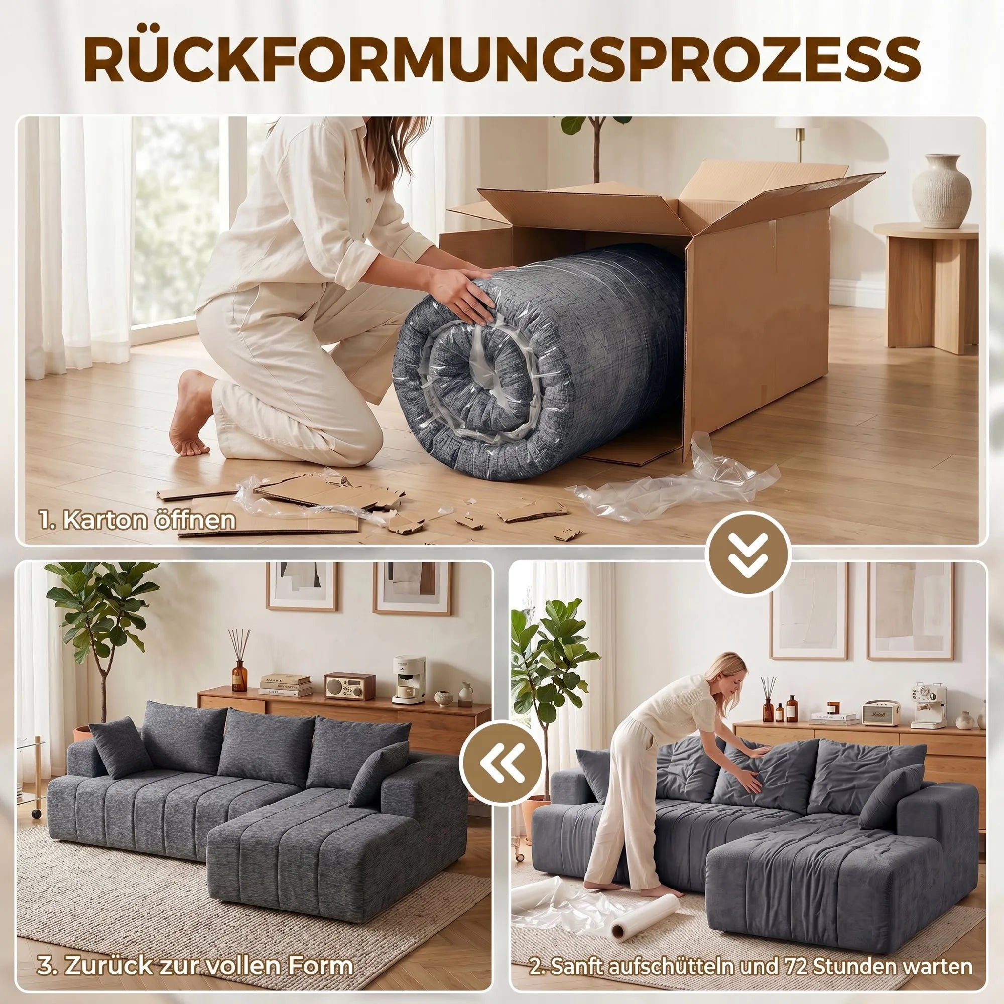Kampinė sofa-lova su šezlongu, 3 vietų, pilka