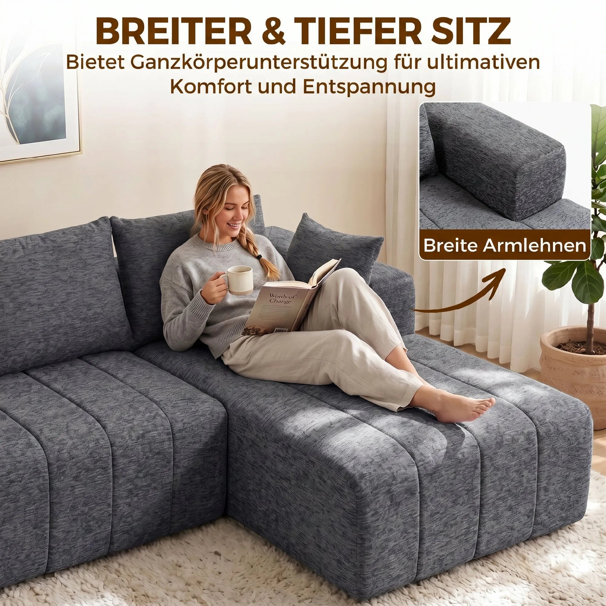 Kampinė sofa-lova su šezlongu, 3 vietų, pilka