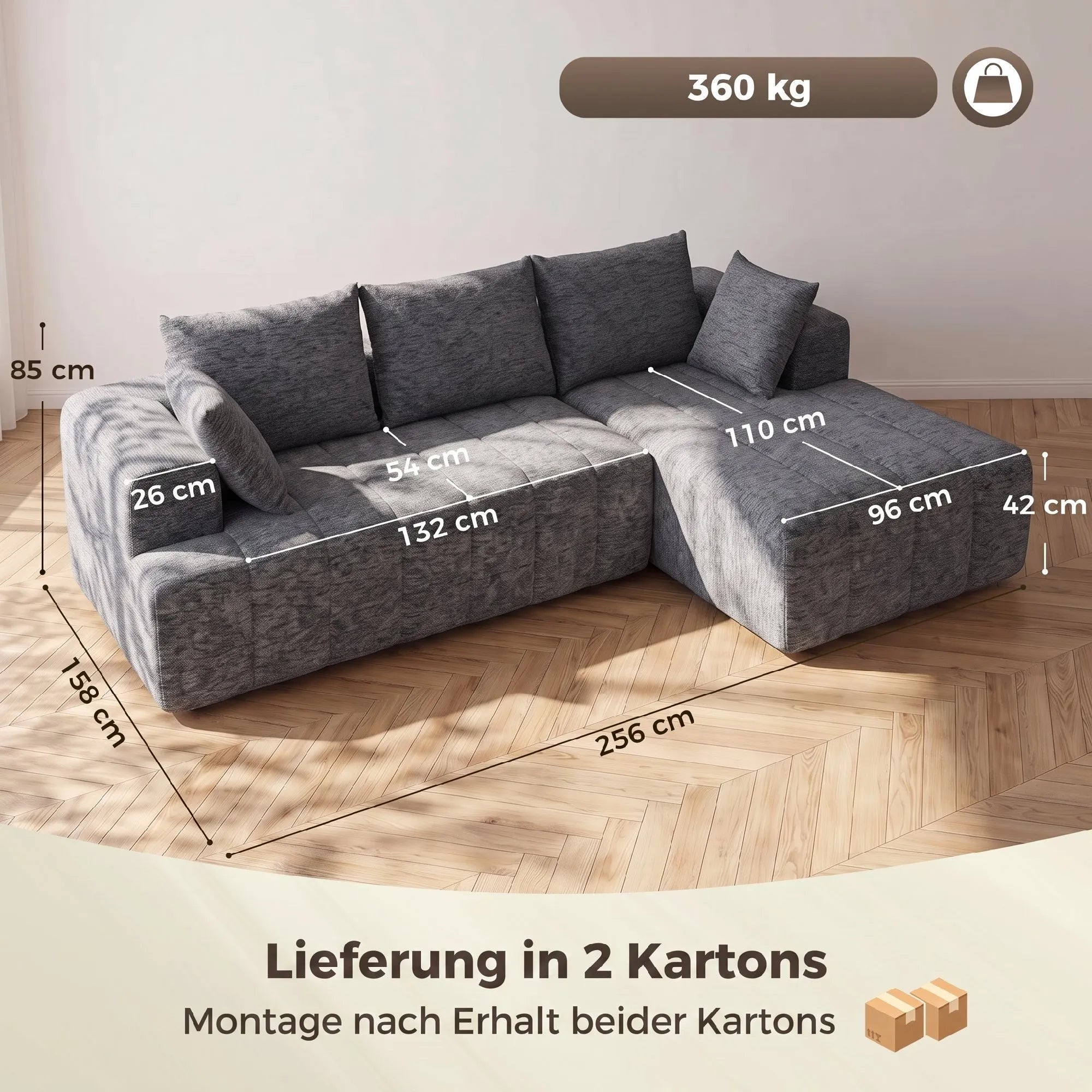 Kampinė sofa-lova su šezlongu, 3 vietų, pilka