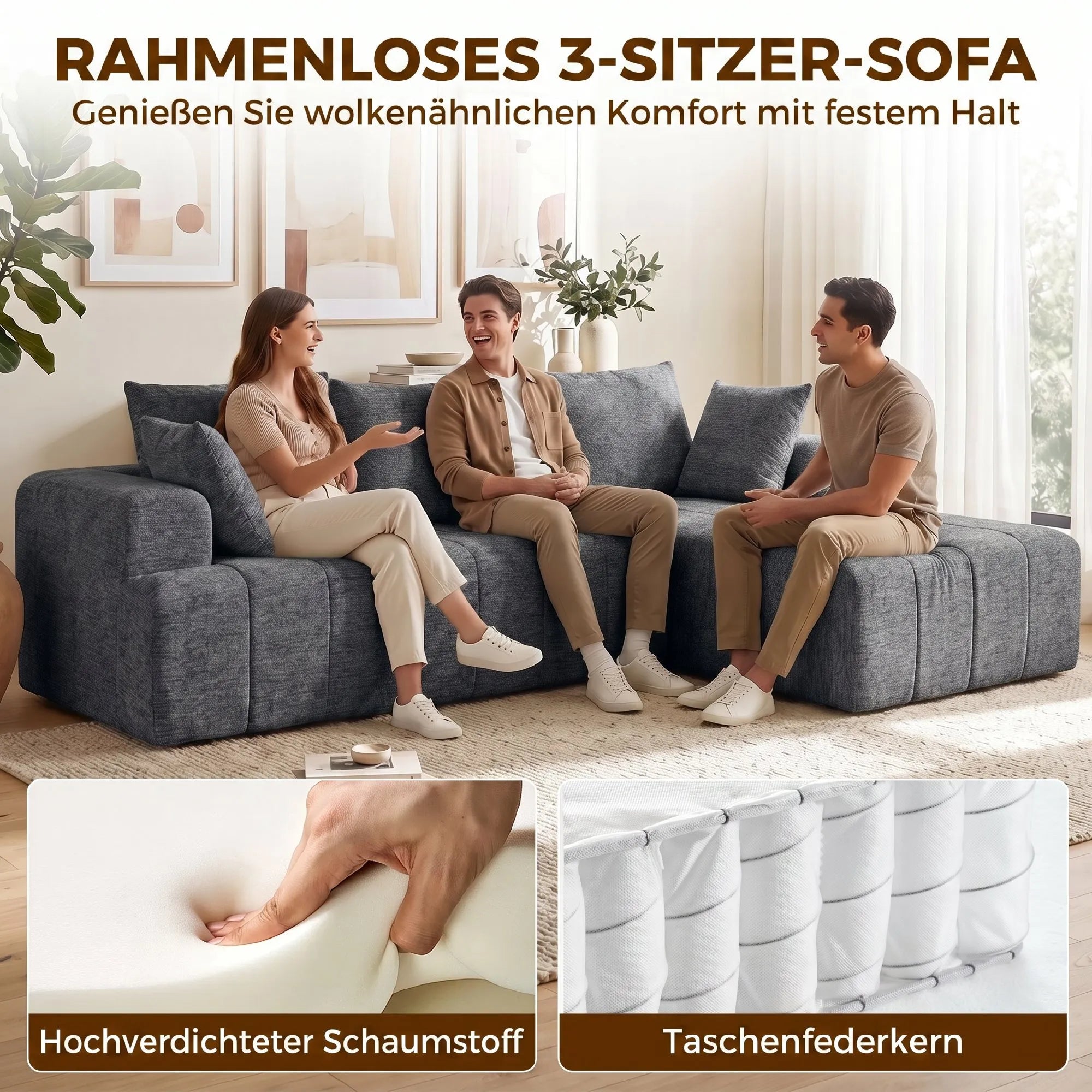 Kampinė sofa-lova su šezlongu, 3 vietų, pilka