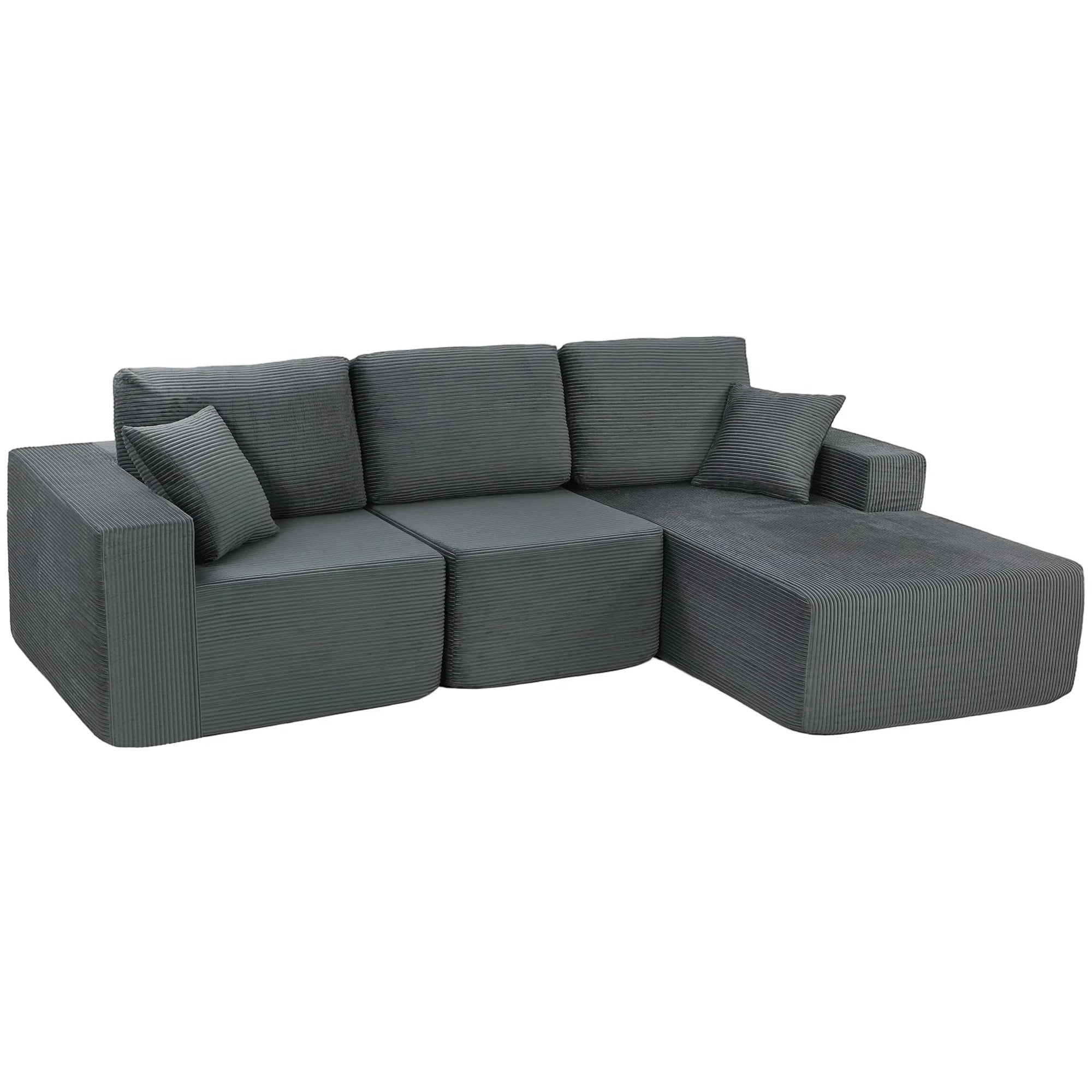 Kampinė moduline sofa L formos, tamsiai pilkas rumbuotas audinys su pagalvėlėmis