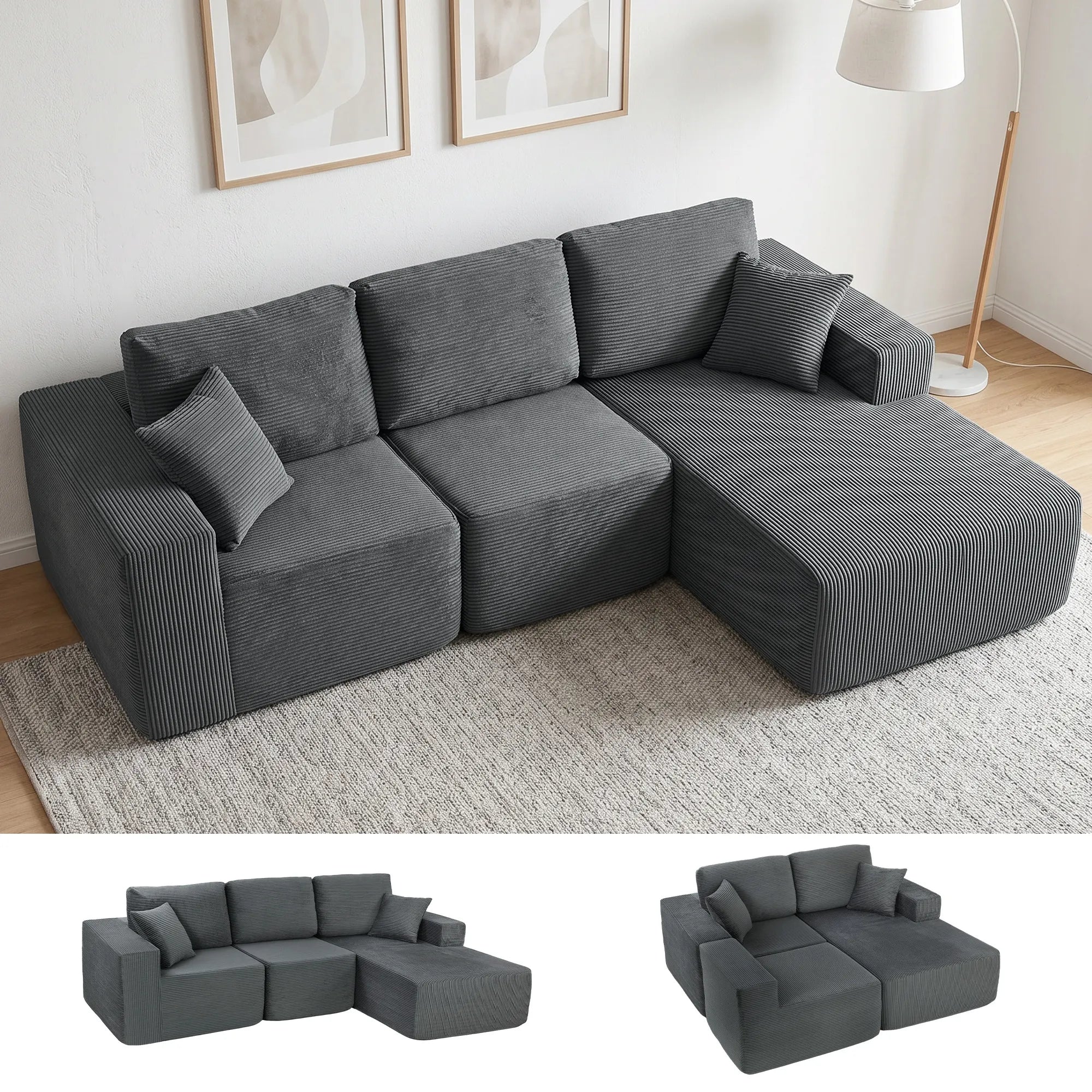 Tamsiai pilka kampinė sofa modernioje svetainėje šalia šviesaus kilimo ir šviestuvo