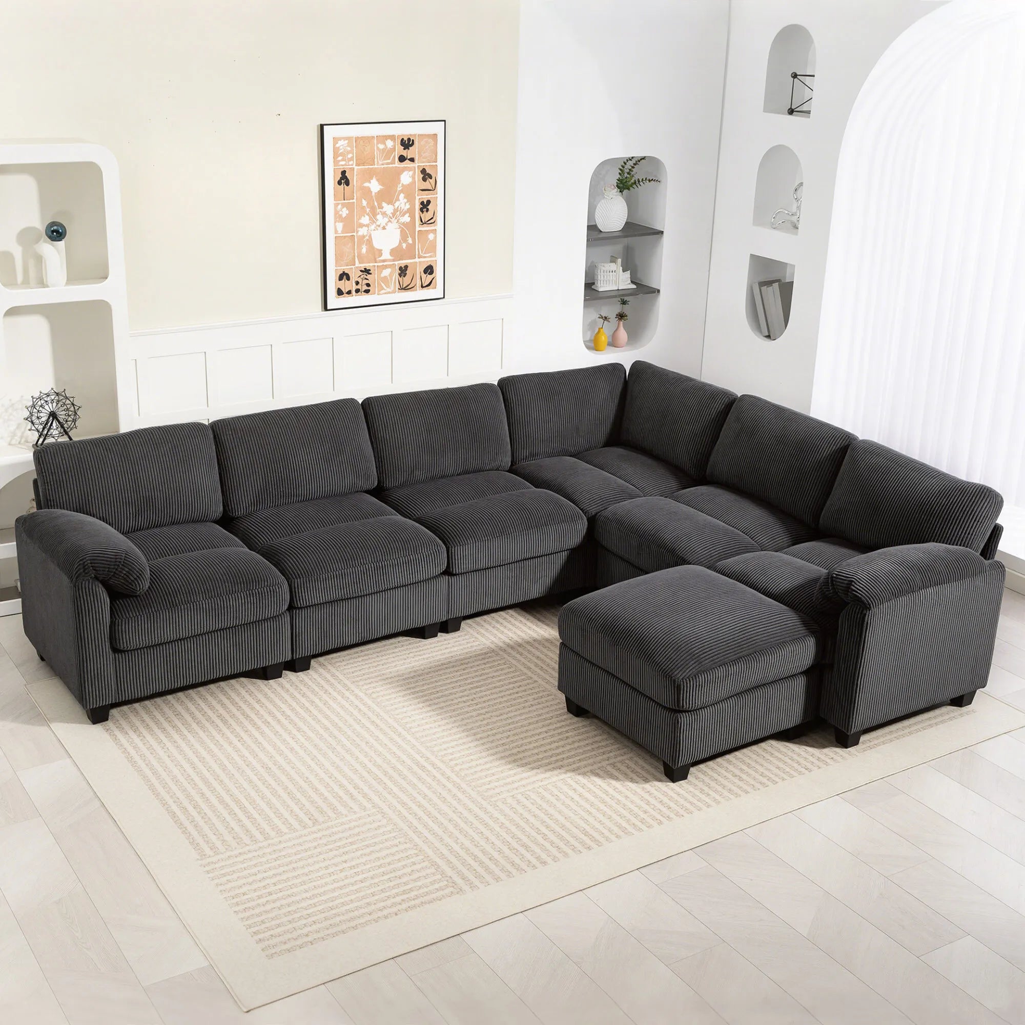 Kampinė sofa modulinė su paminkštintais porankiais, iki 600 kg, tamsiai pilka