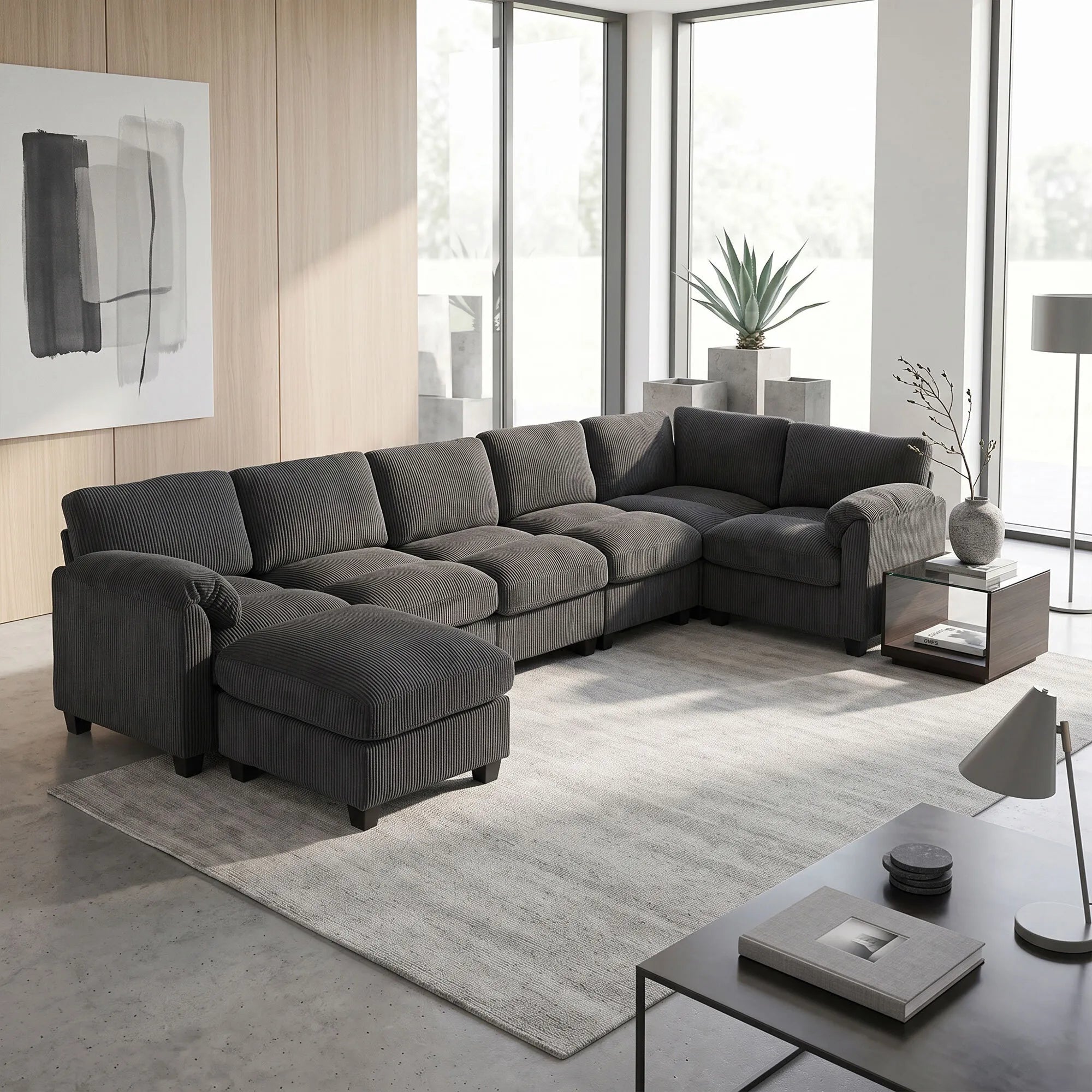 Kampinė sofa modulinė su paminkštintais porankiais, iki 600 kg, tamsiai pilka