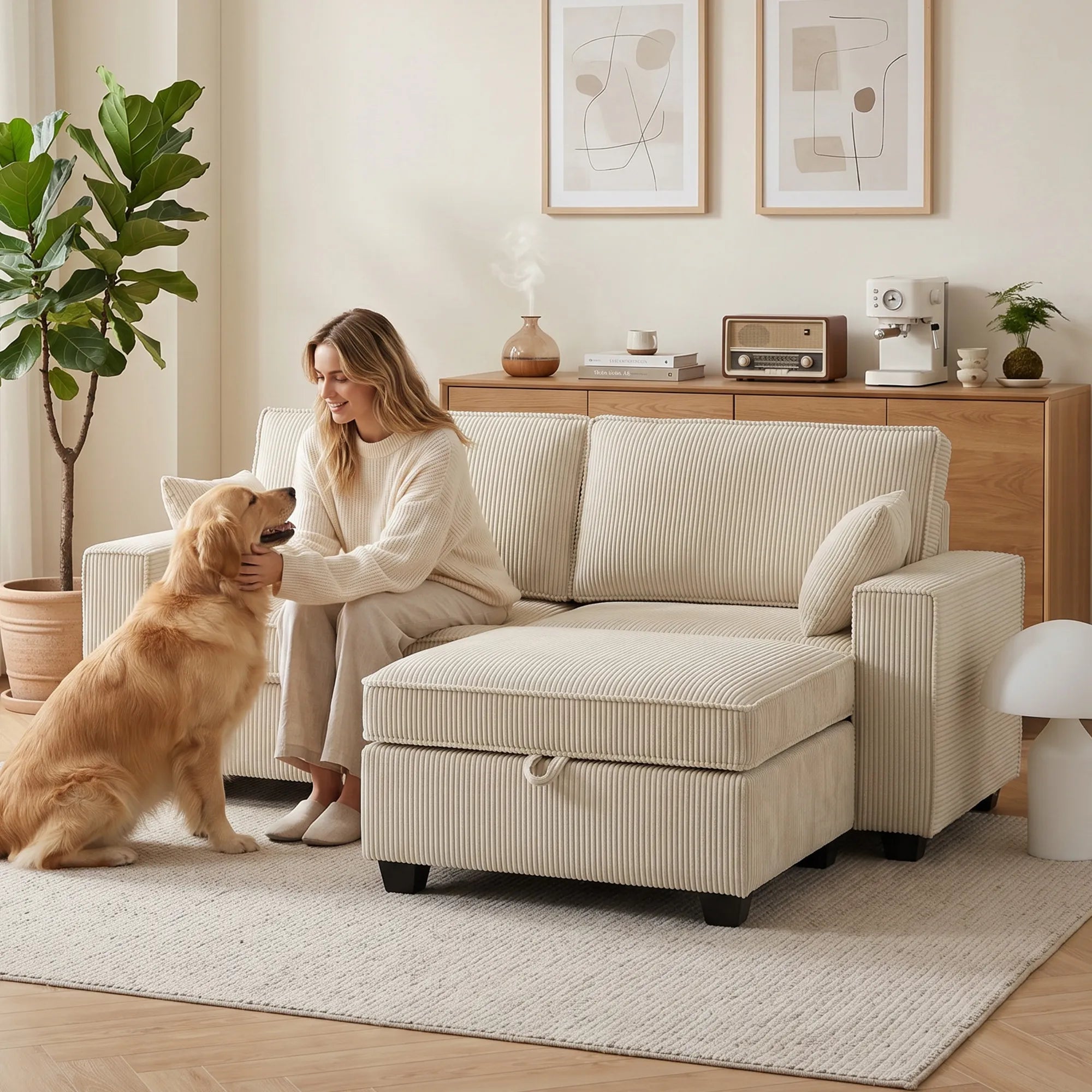 Kampinė sofa su daiktadėže, 3 vietų, su otomane, smėlio spalvos