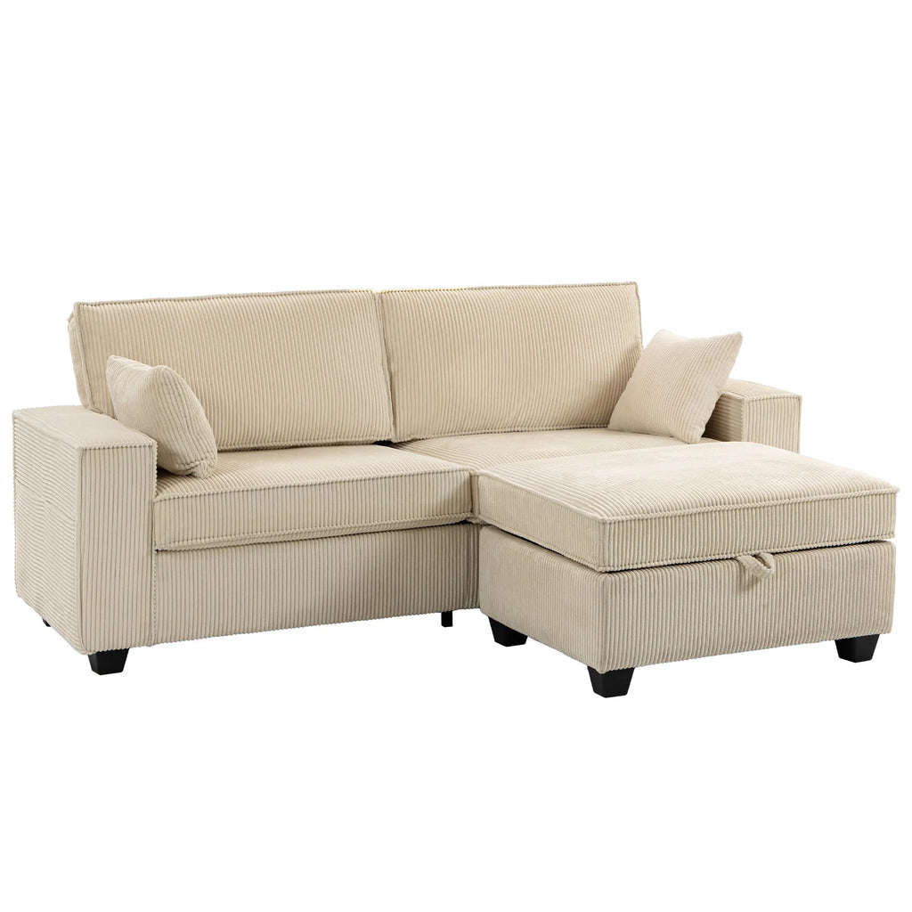 Kampinė sofa su daiktadėže, 3 vietų, su otomane, smėlio spalvos