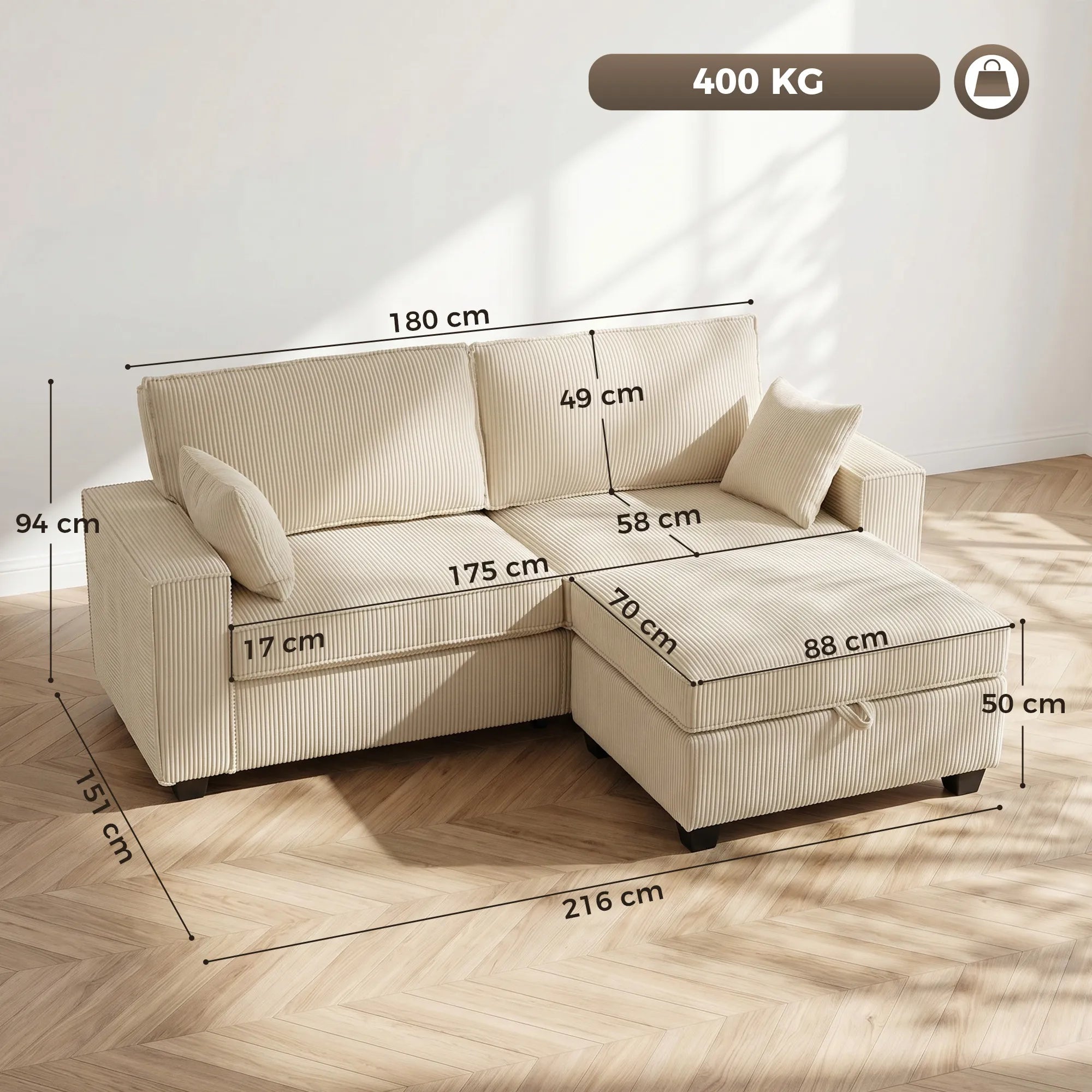 Kampinė sofa su daiktadėže, 3 vietų, su otomane, smėlio spalvos