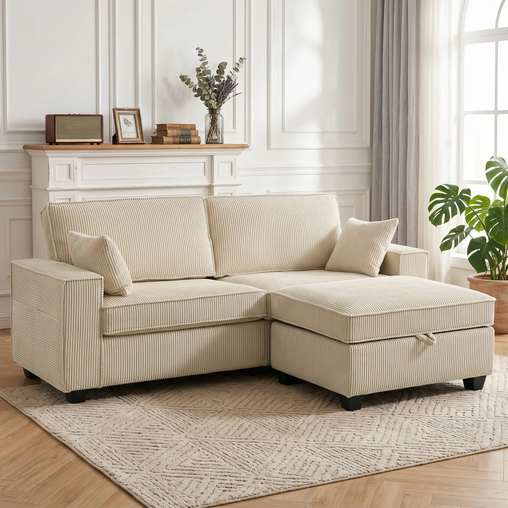 Kampinė sofa su daiktadėže, 3 vietų, su otomane, smėlio spalvos