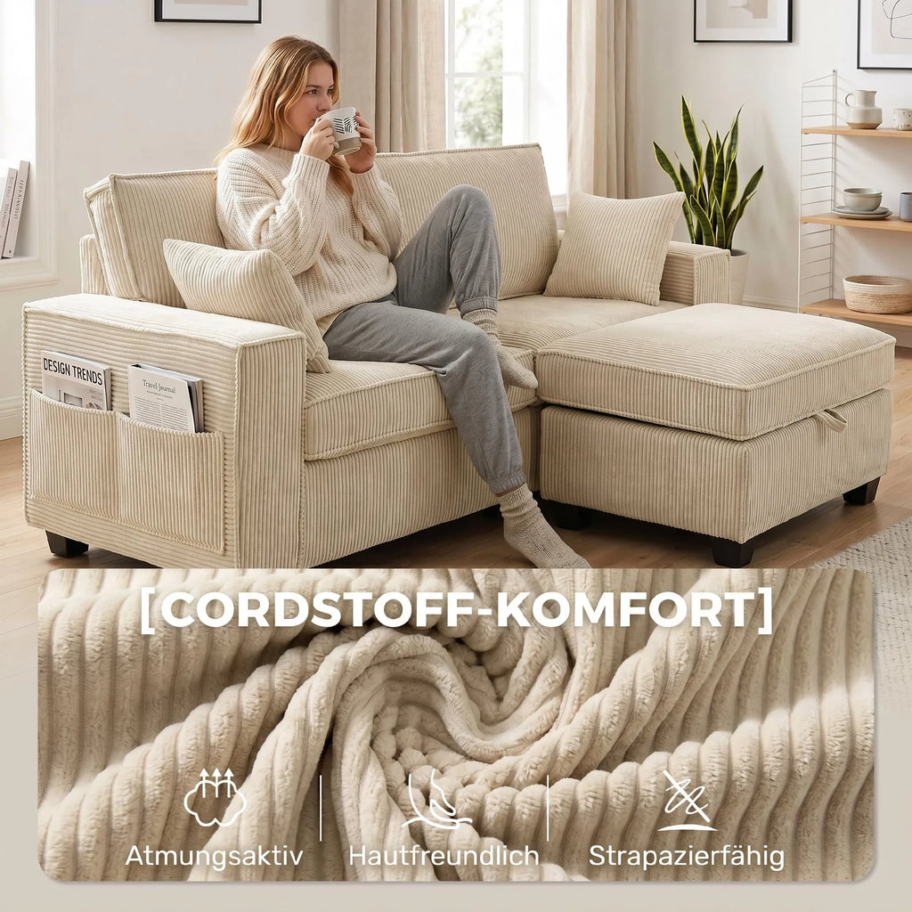 Kampinė sofa su daiktadėže, 3 vietų, su otomane, smėlio spalvos