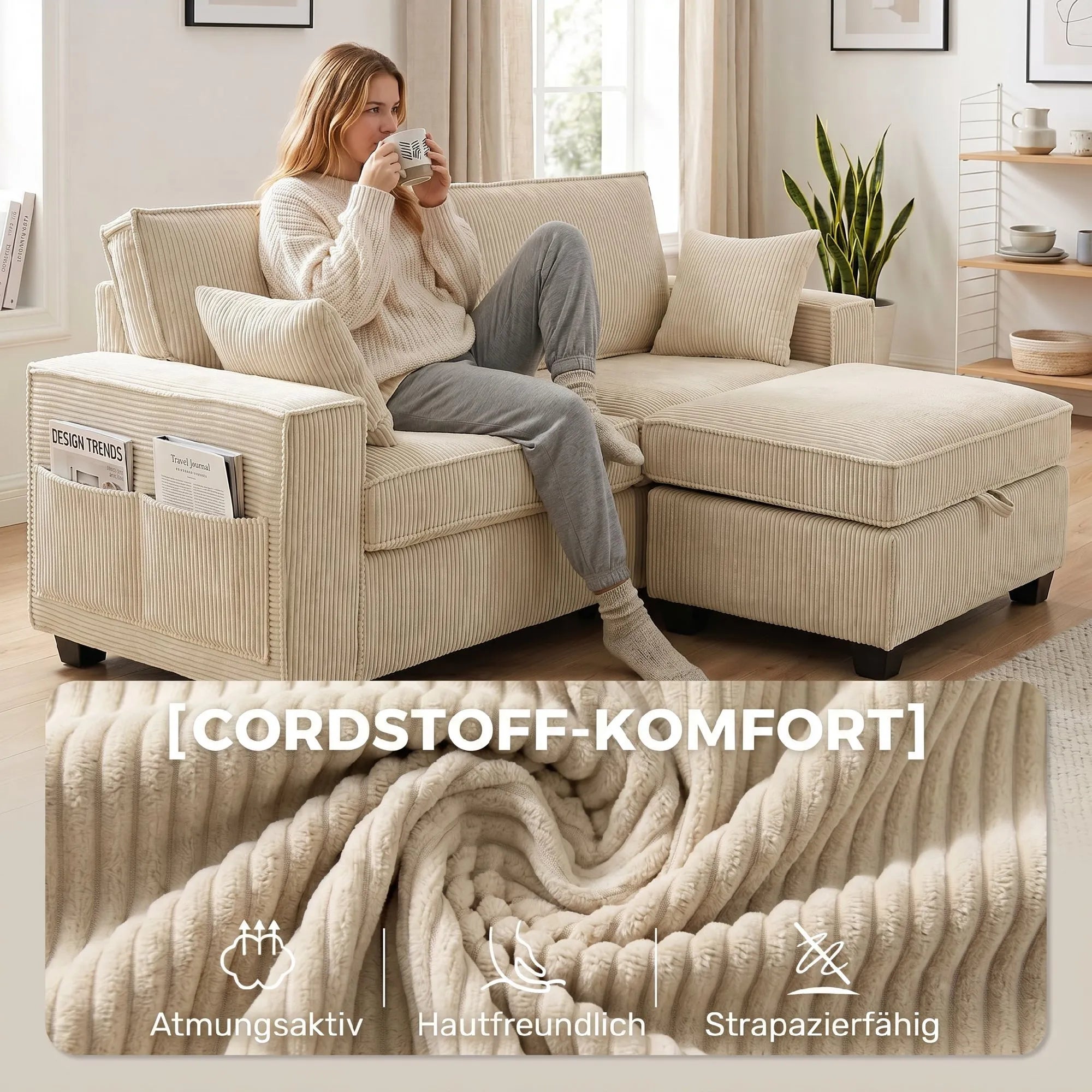 Kampinė sofa su daiktadėže, 3 vietų, su otomane, smėlio spalvos