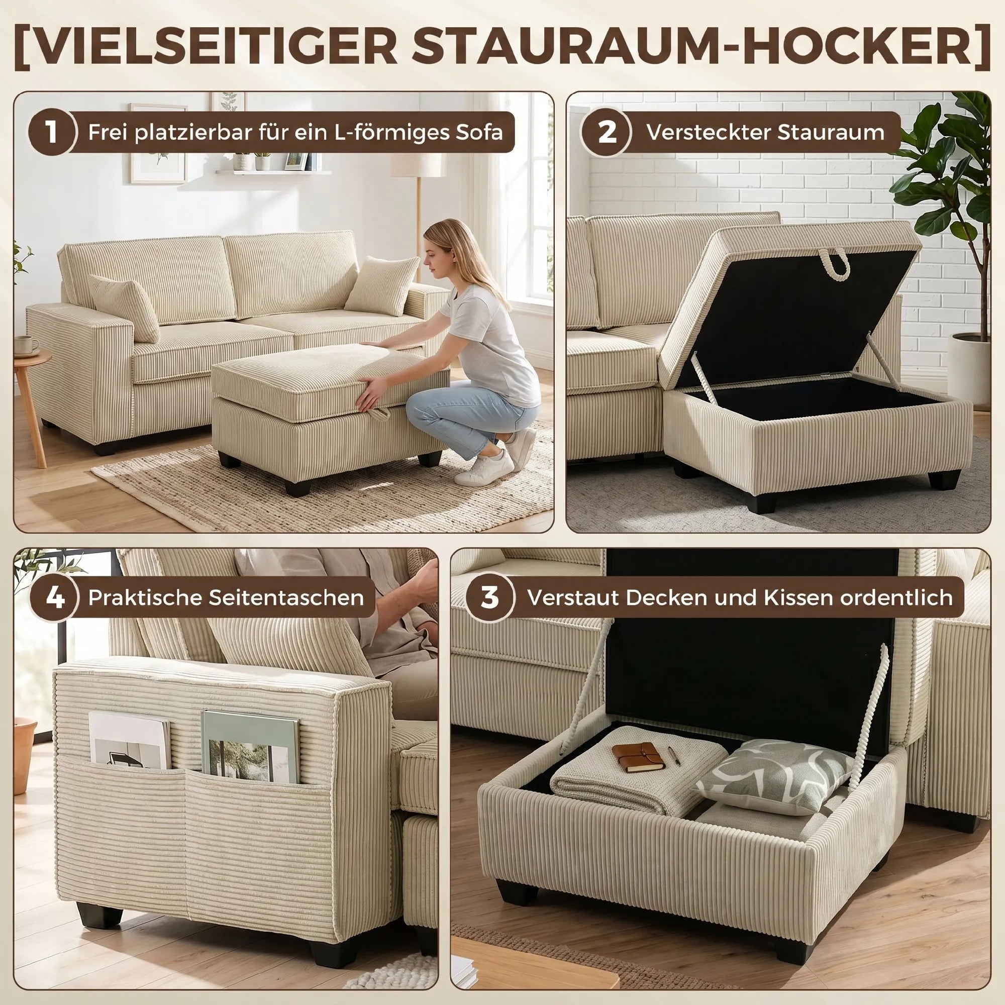 Kampinė sofa su daiktadėže, 3 vietų, su otomane, smėlio spalvos