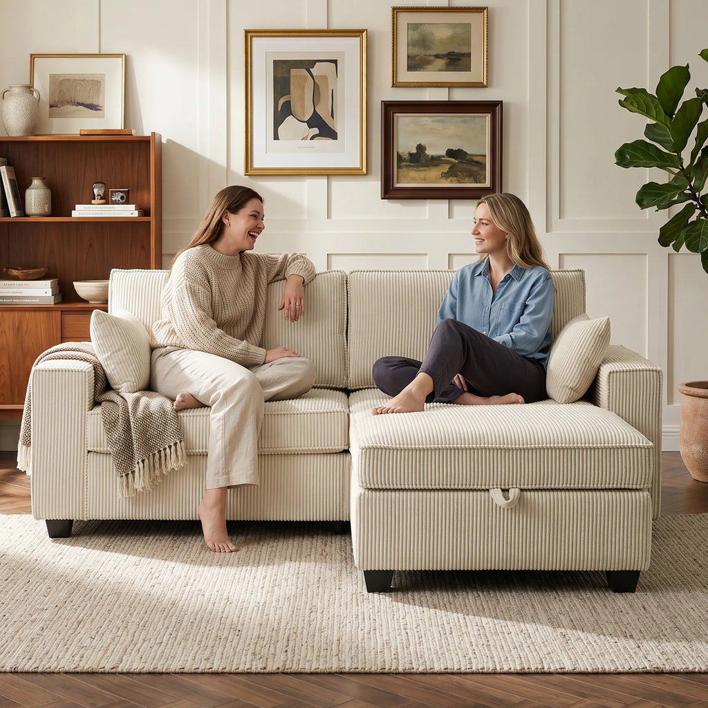 Kampinė sofa su daiktadėže, 3 vietų, su otomane, smėlio spalvos