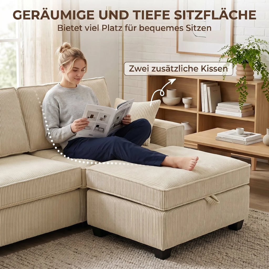 Kampinė sofa su daiktadėže, 3 vietų, su otomane, smėlio spalvos