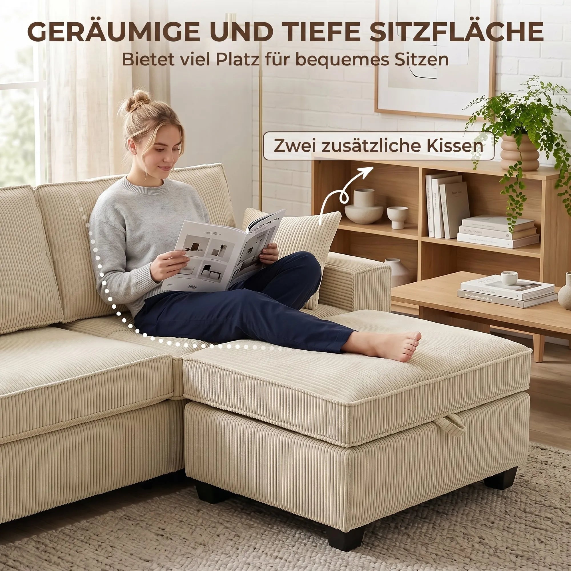 Kampinė sofa su daiktadėže, 3 vietų, su otomane, smėlio spalvos