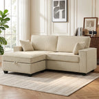 Kampinė sofa su daiktadėže, 3 vietų, su otomane, smėlio spalvos