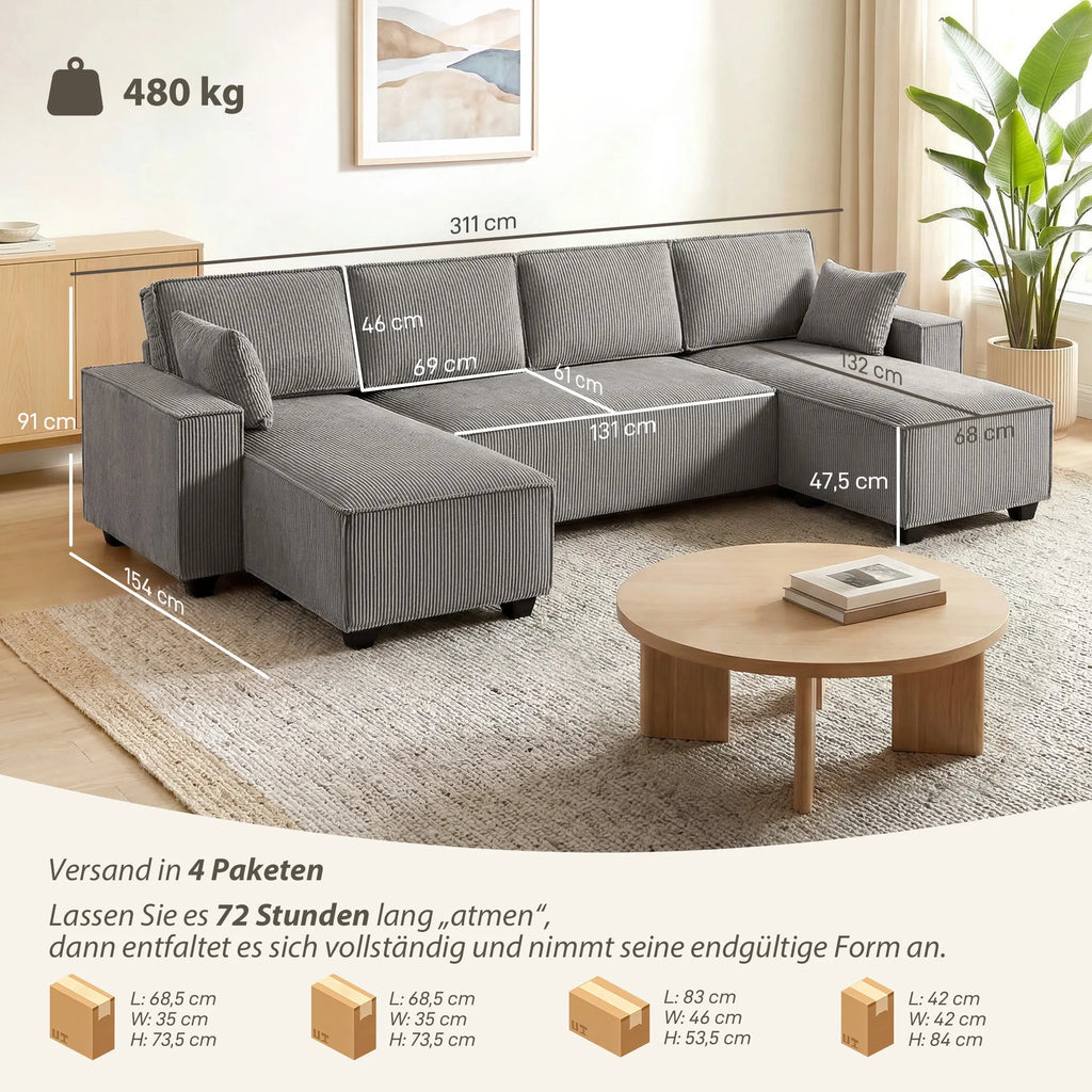 Kampinė sofa su dviem šezlongais, U formos sofos komplektas, šviesiai pilka