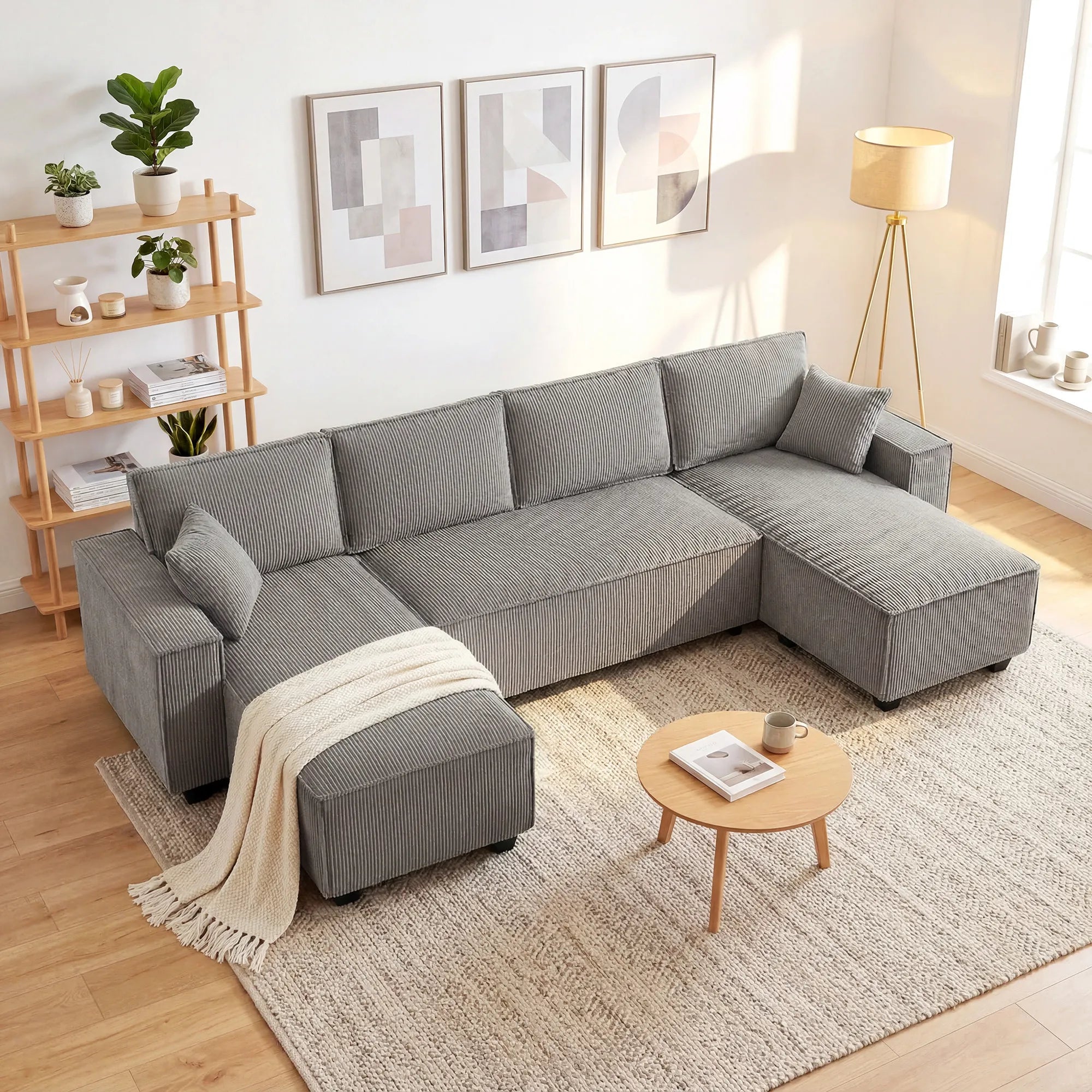 Kampinė sofa su dviem šezlongais, U formos sofos komplektas, šviesiai pilka