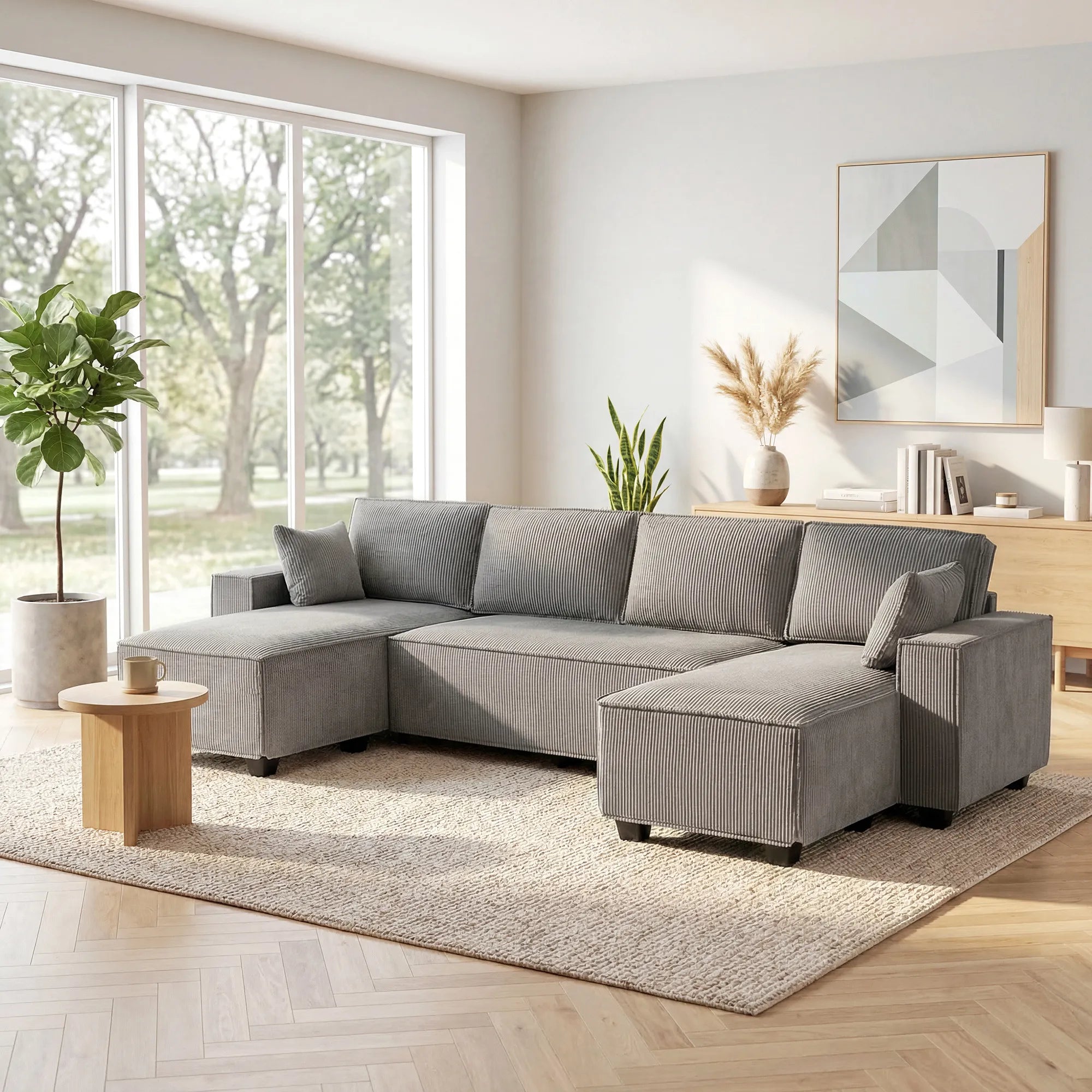 Kampinė sofa su dviem šezlongais, U formos sofos komplektas, šviesiai pilka