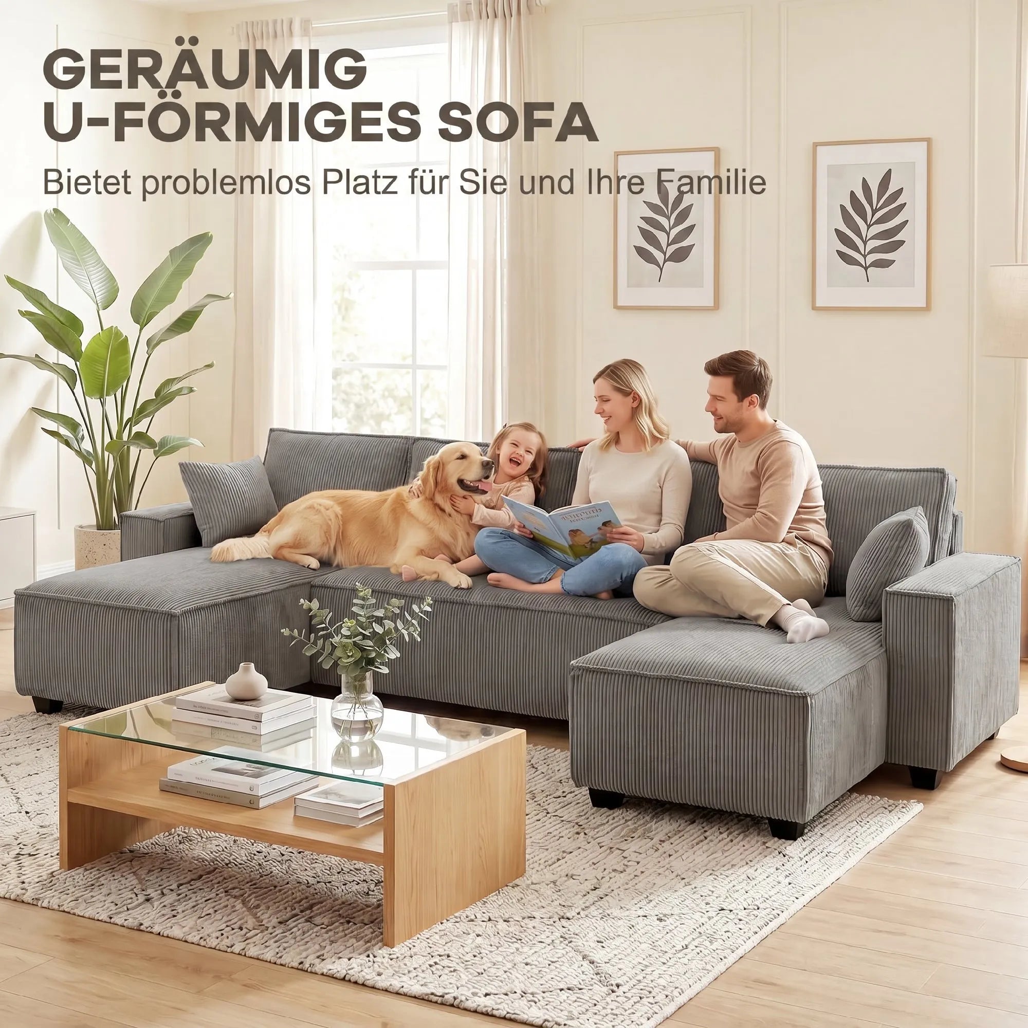 Kampinė sofa su dviem šezlongais, U formos sofos komplektas, šviesiai pilka