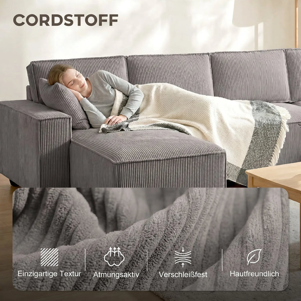Kampinė sofa su dviem šezlongais, U formos sofos komplektas, šviesiai pilka