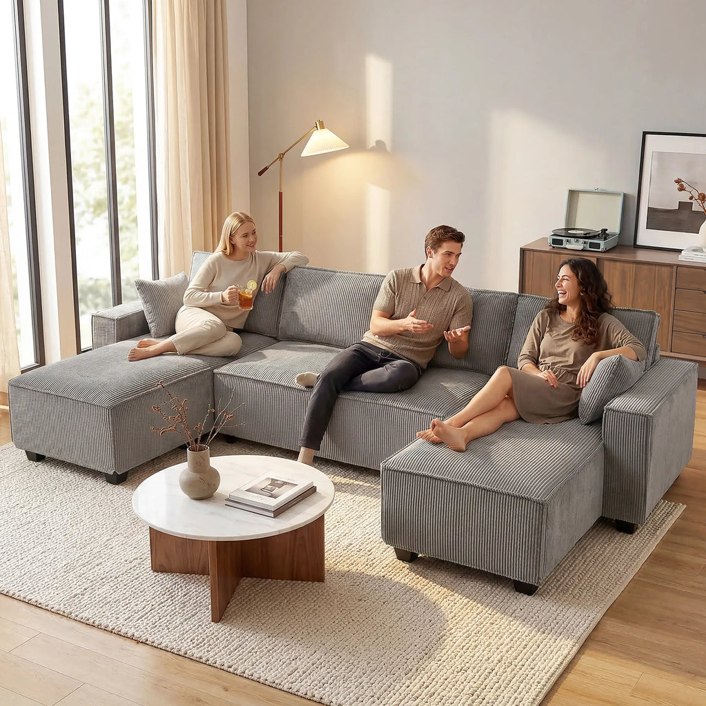 Kampinė sofa su dviem šezlongais, U formos sofos komplektas, šviesiai pilka