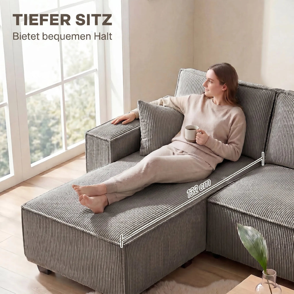 Kampinė sofa su dviem šezlongais, U formos sofos komplektas, šviesiai pilka