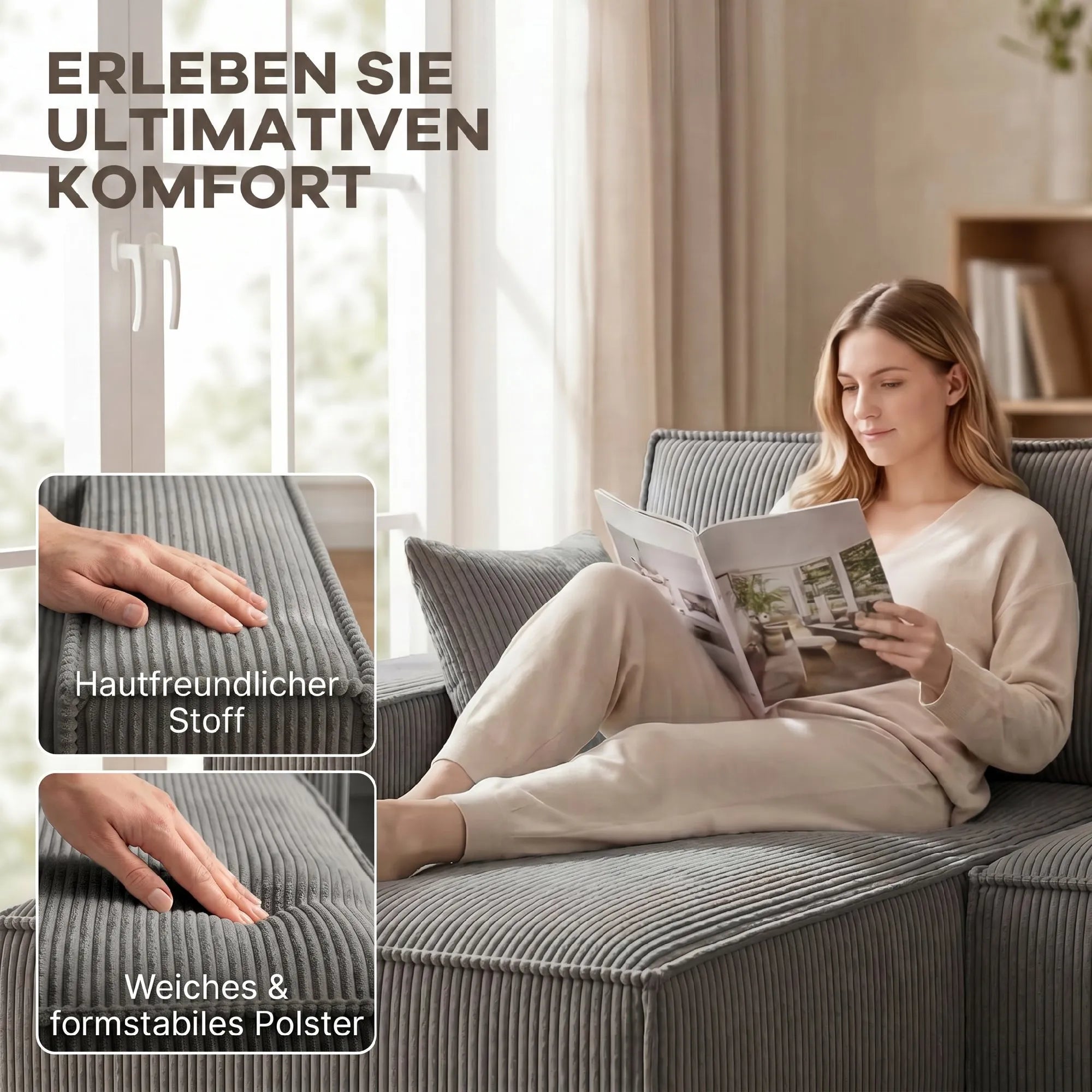 Kampinė sofa su dviem šezlongais, U formos sofos komplektas, šviesiai pilka